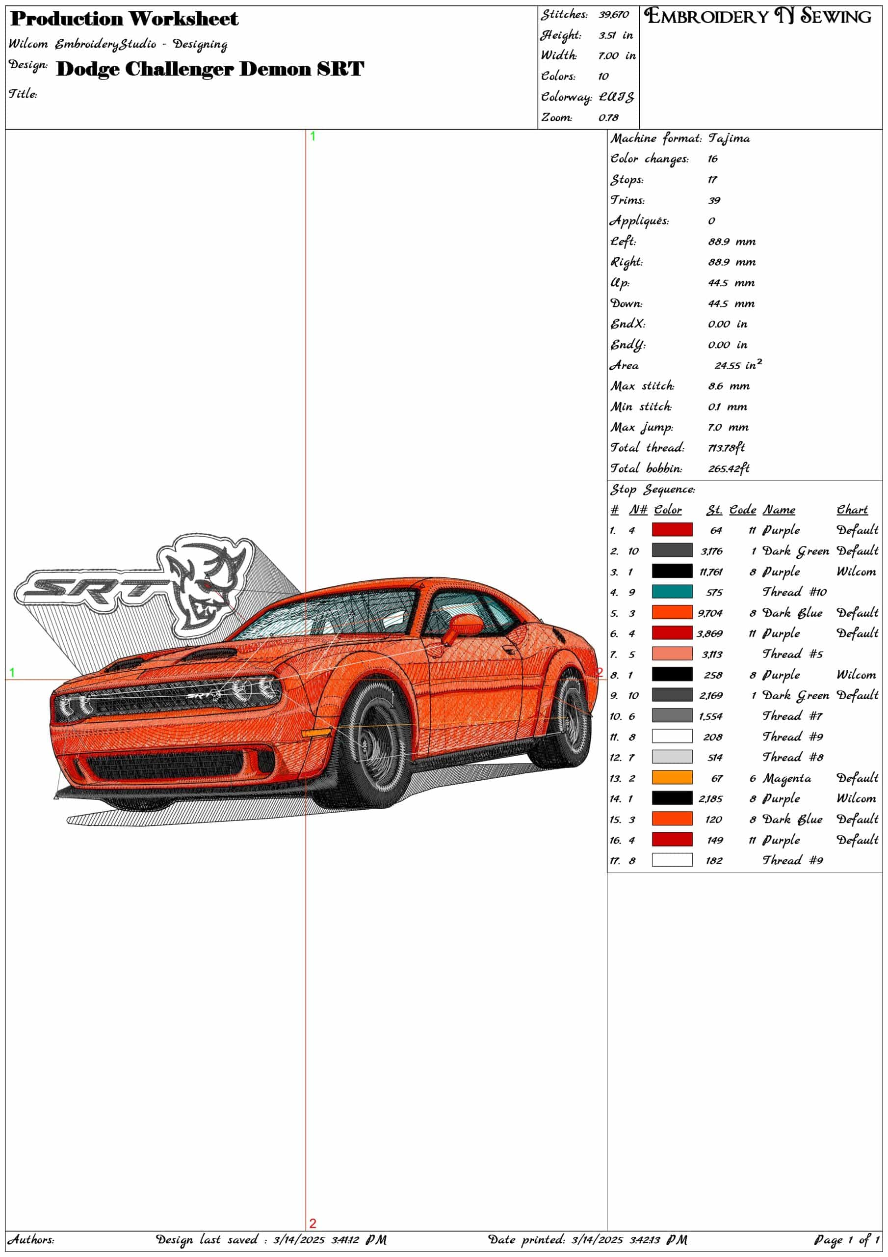 Dodge Challenger Demon SRT- Elegant embroidery design file - instant download — view 3
