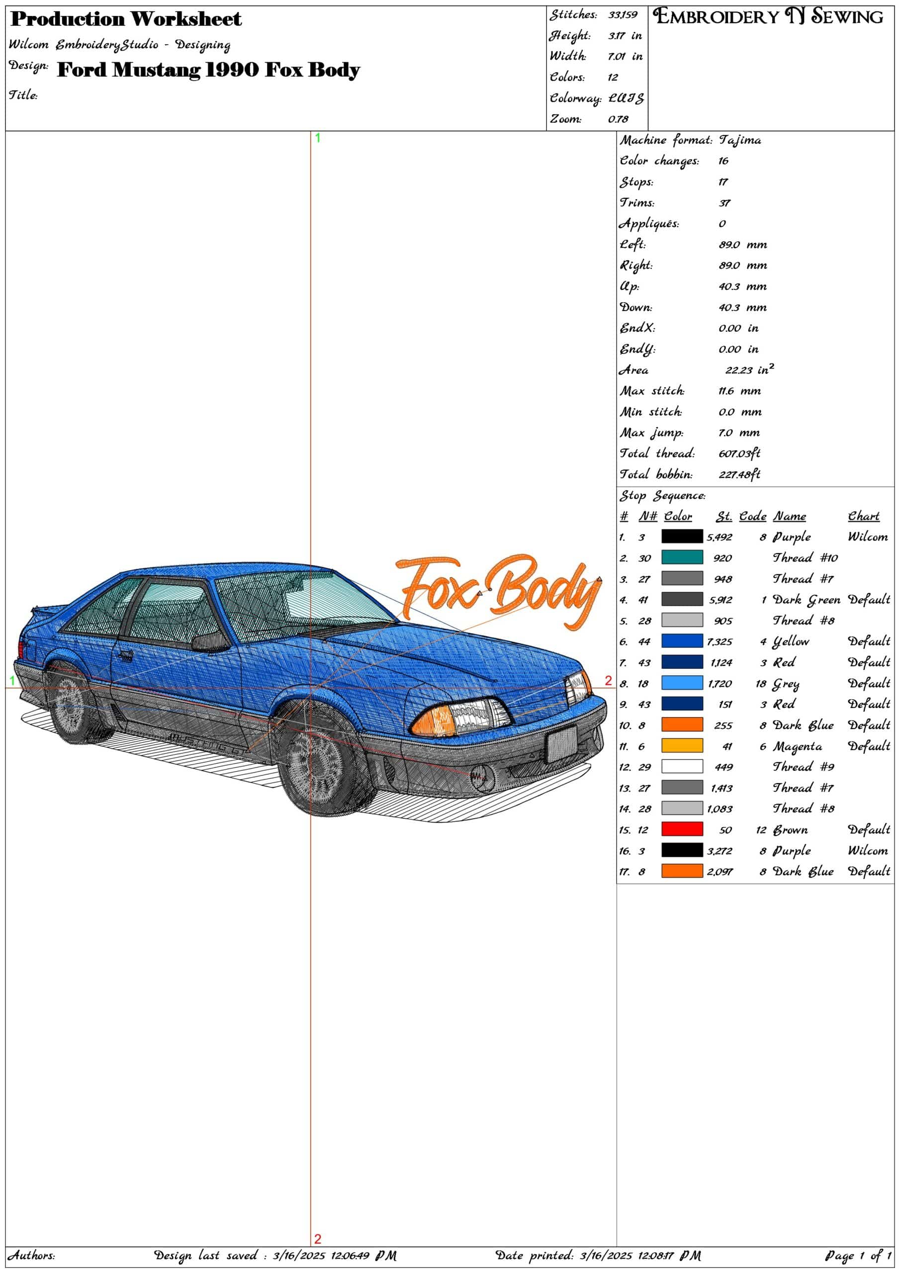 Ford Mustang 1990 Fox Body- Elegant embroidery design file - instant download — view 3