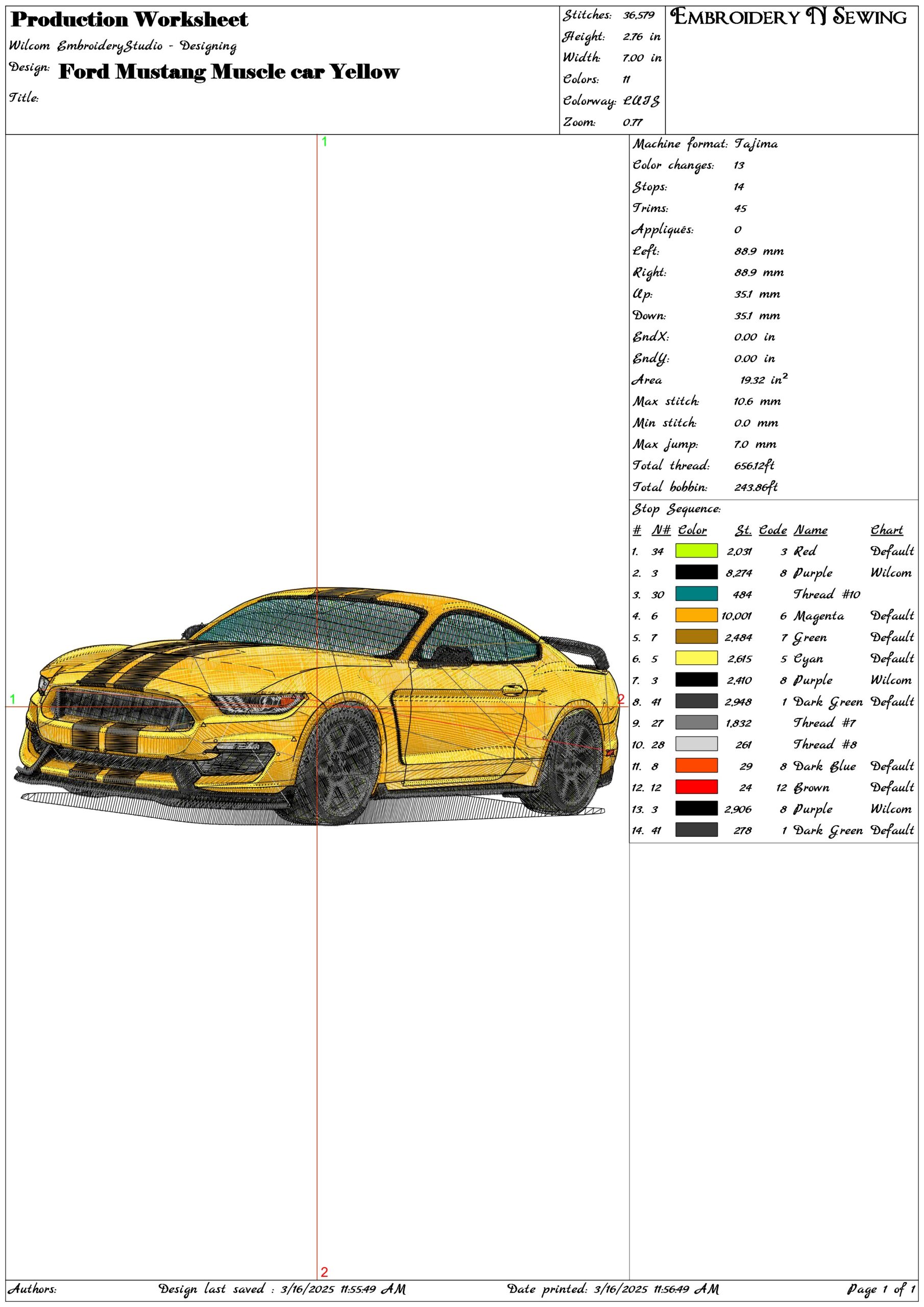 Ford Mustang Muscle car Yellow- Elegant embroidery design file - instant download — view 3