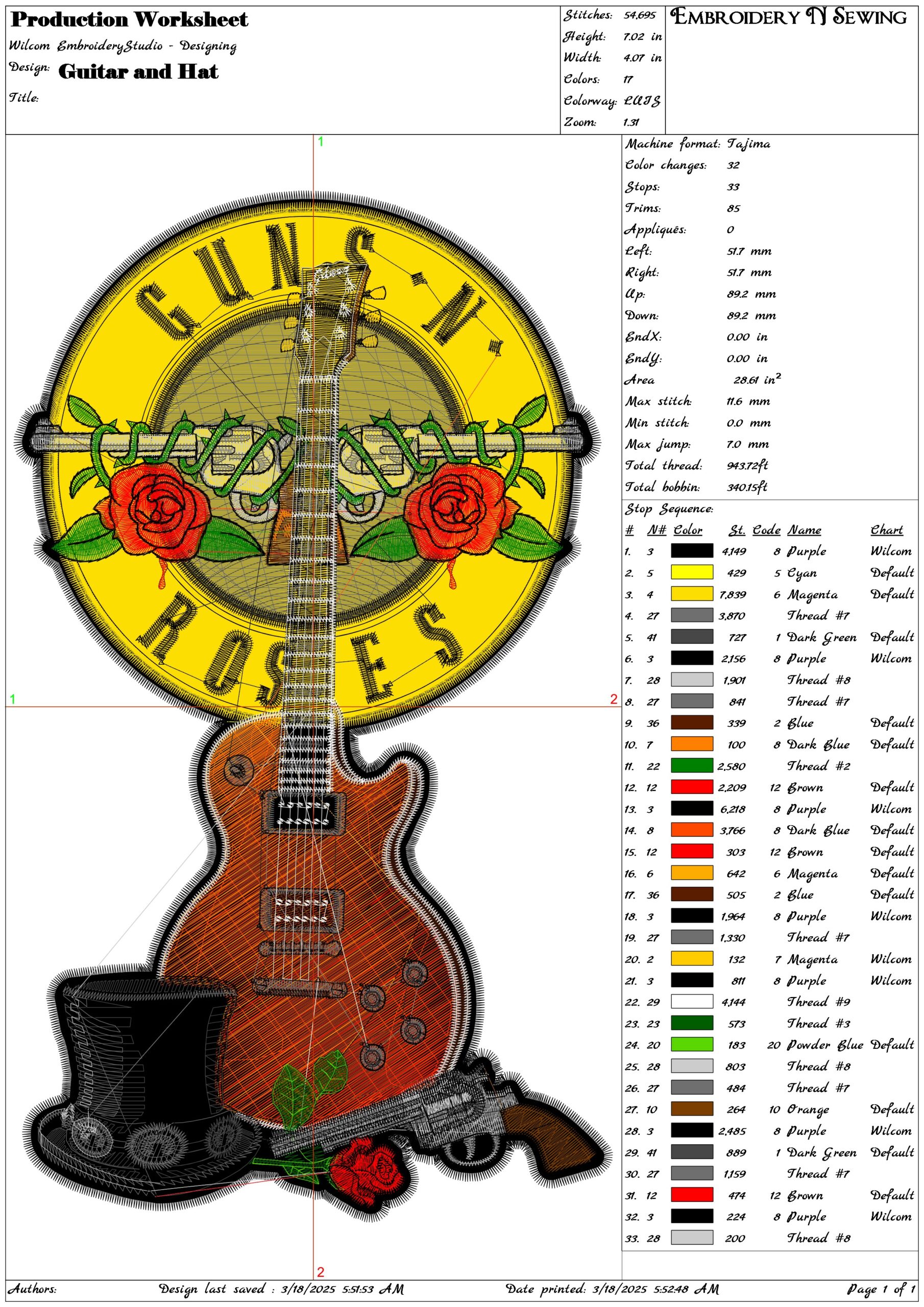 Guitar and Hat- Elegant embroidery design file - instant download — view 3