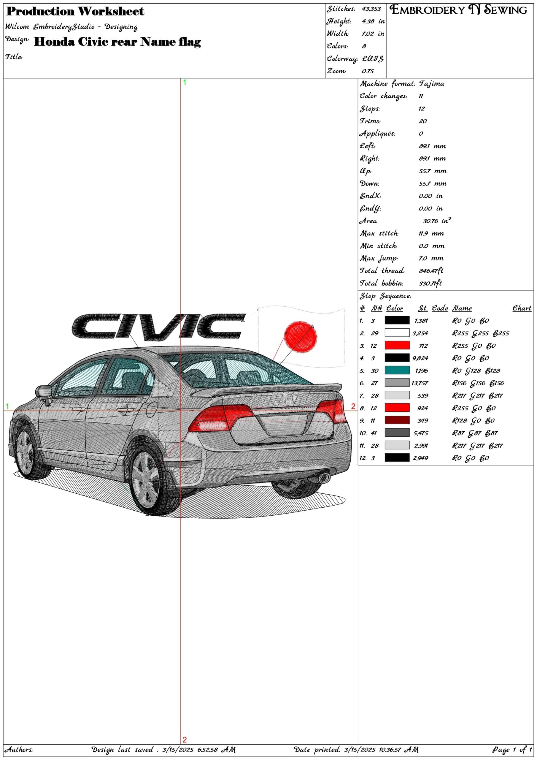 Honda Civic rear Name flag- Elegant embroidery design file - instant download — view 3