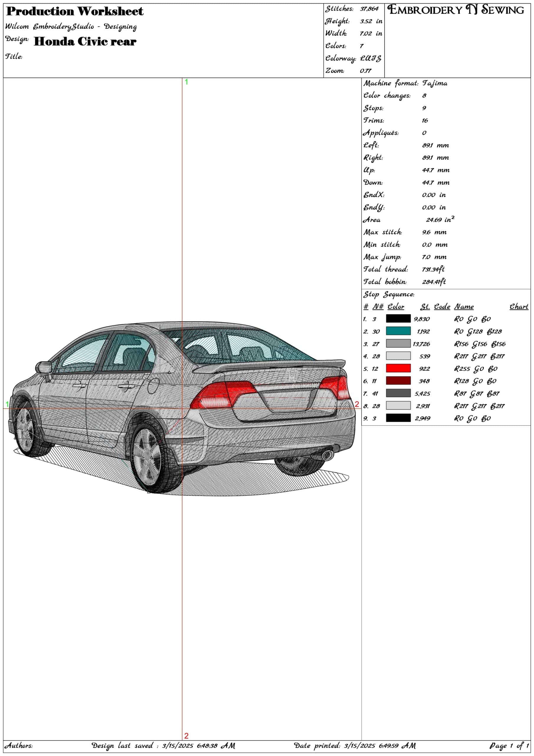 Honda Civic rear- Elegant embroidery design file - instant download — view 3