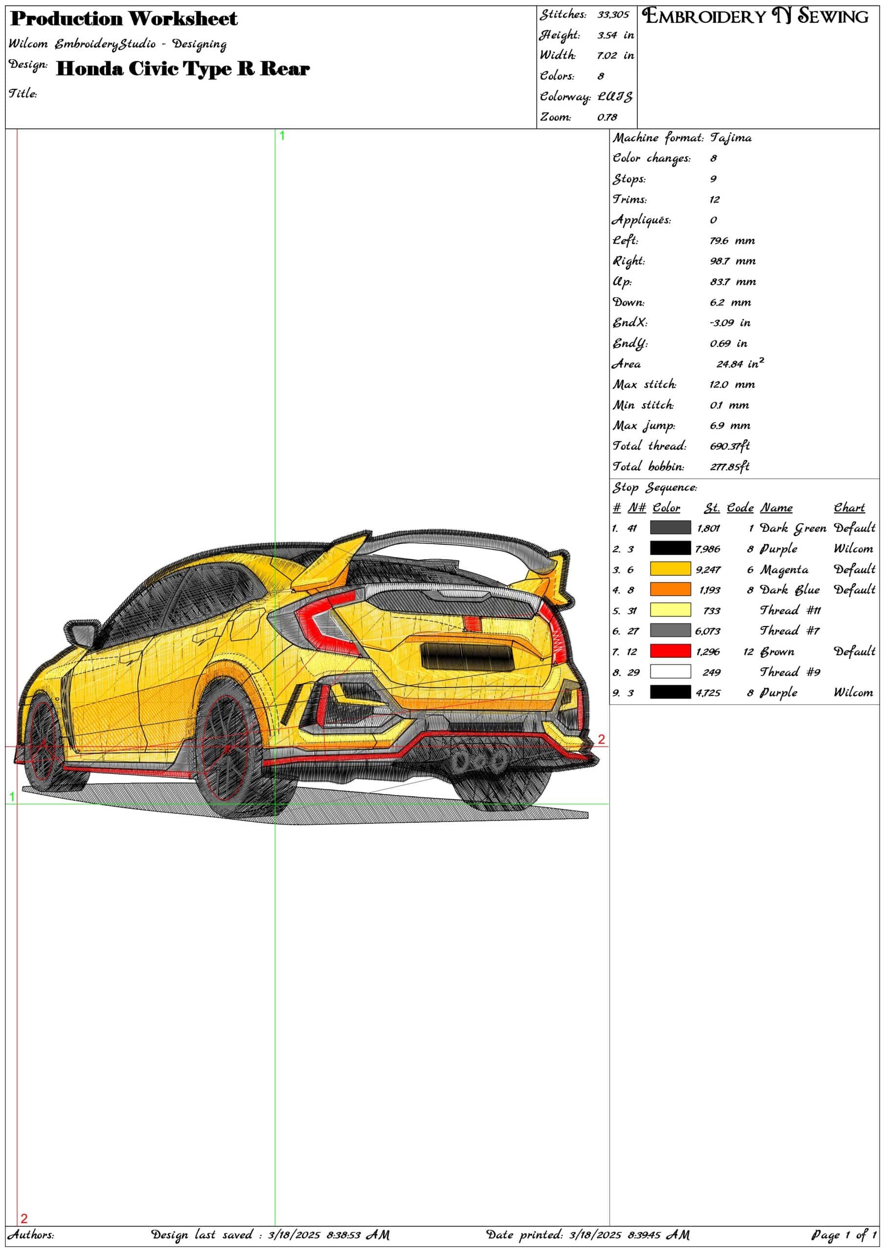 Honda Civic Type R Rear- Elegant embroidery design file - instant download — view 3