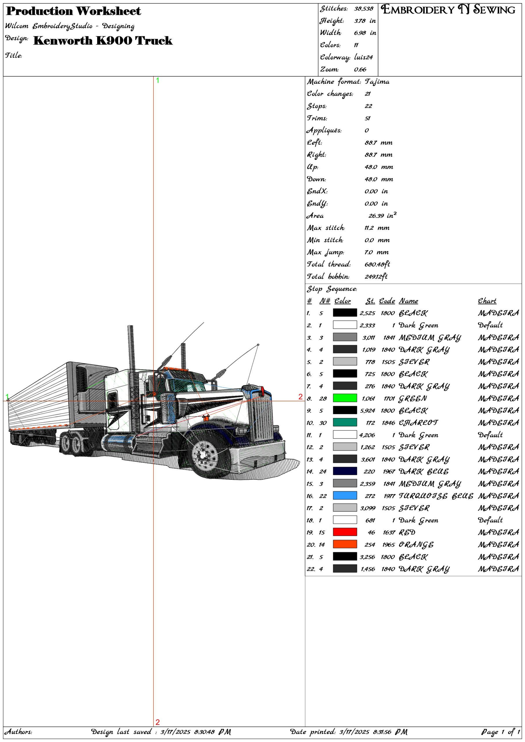 Kenworth K900 Truck- Elegant embroidery design file - instant download — view 3