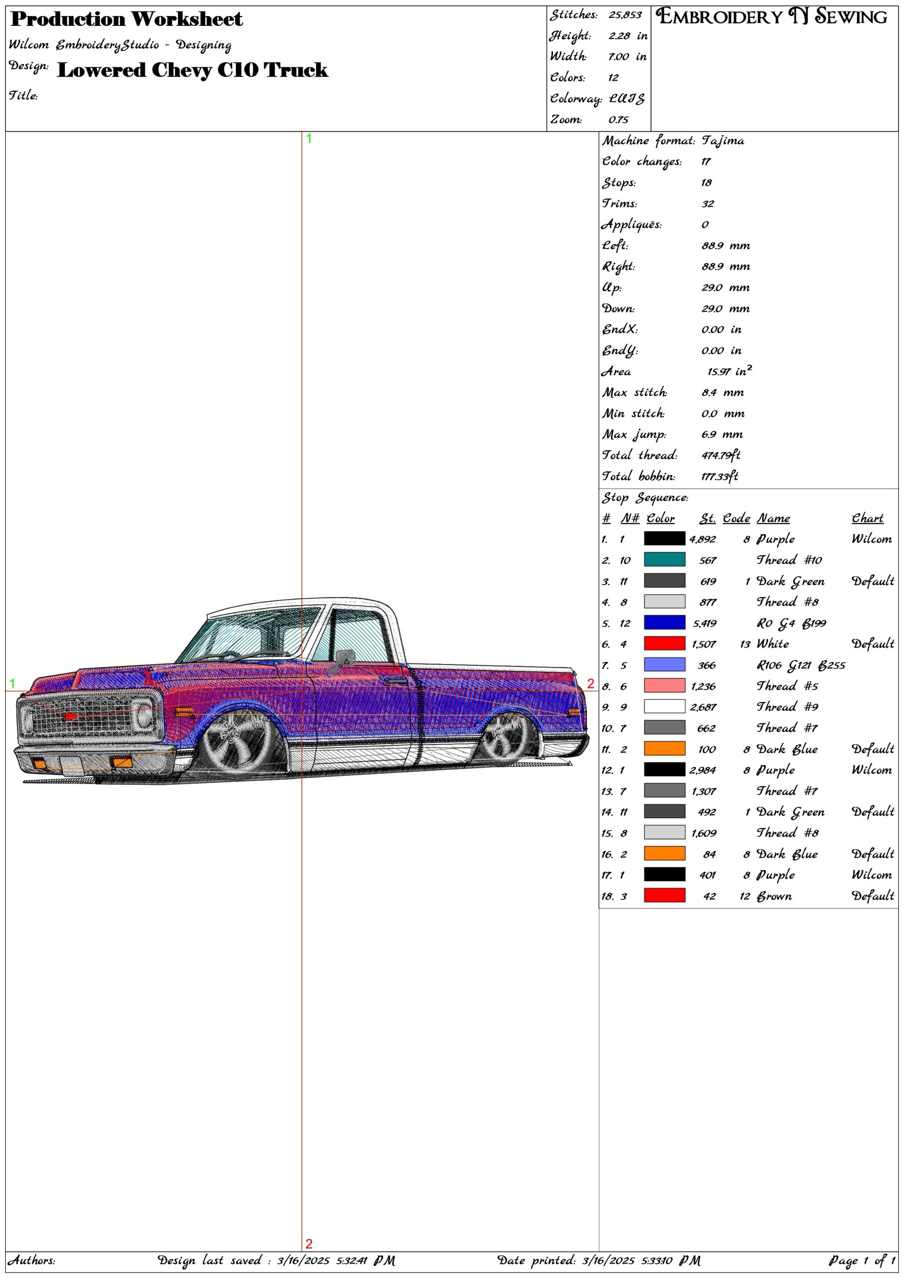 Lowered Chevy C10 Truck- Elegant embroidery design file - instant download — view 3