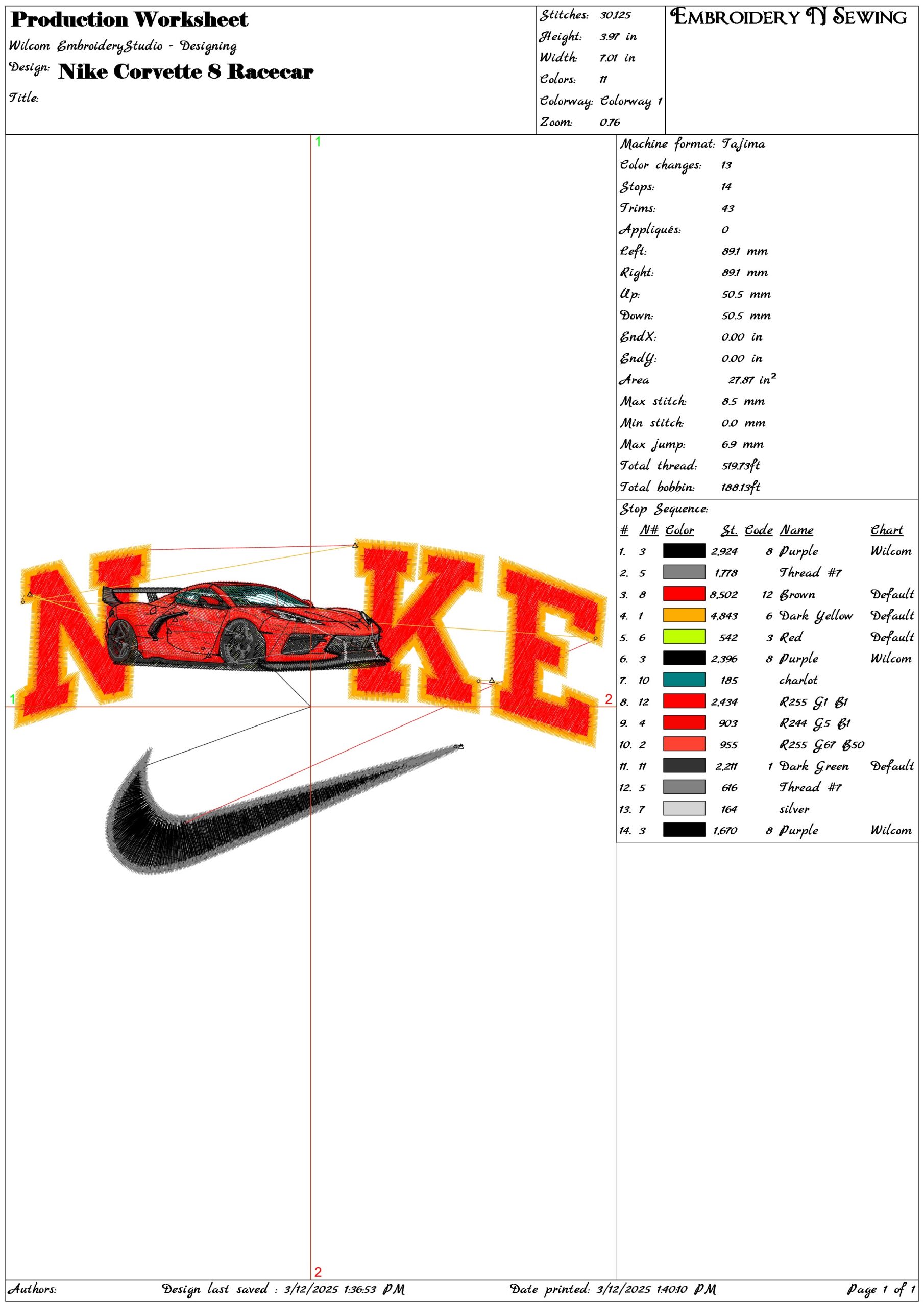 Nike Corvette 8 Racecar- Elegant embroidery design file - instant download — view 3