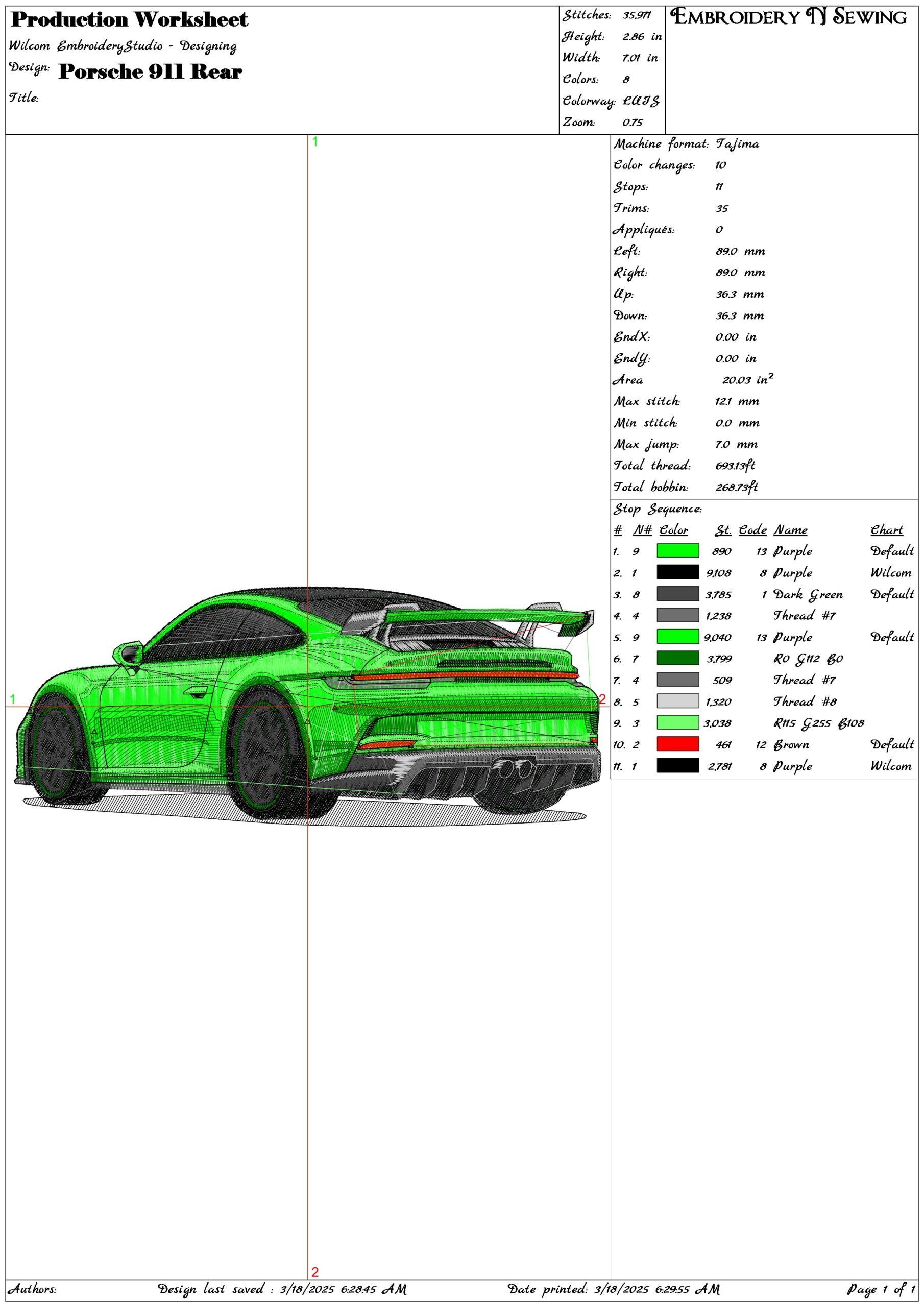 Porsche 911 Rear- Elegant embroidery design file - instant download — view 3