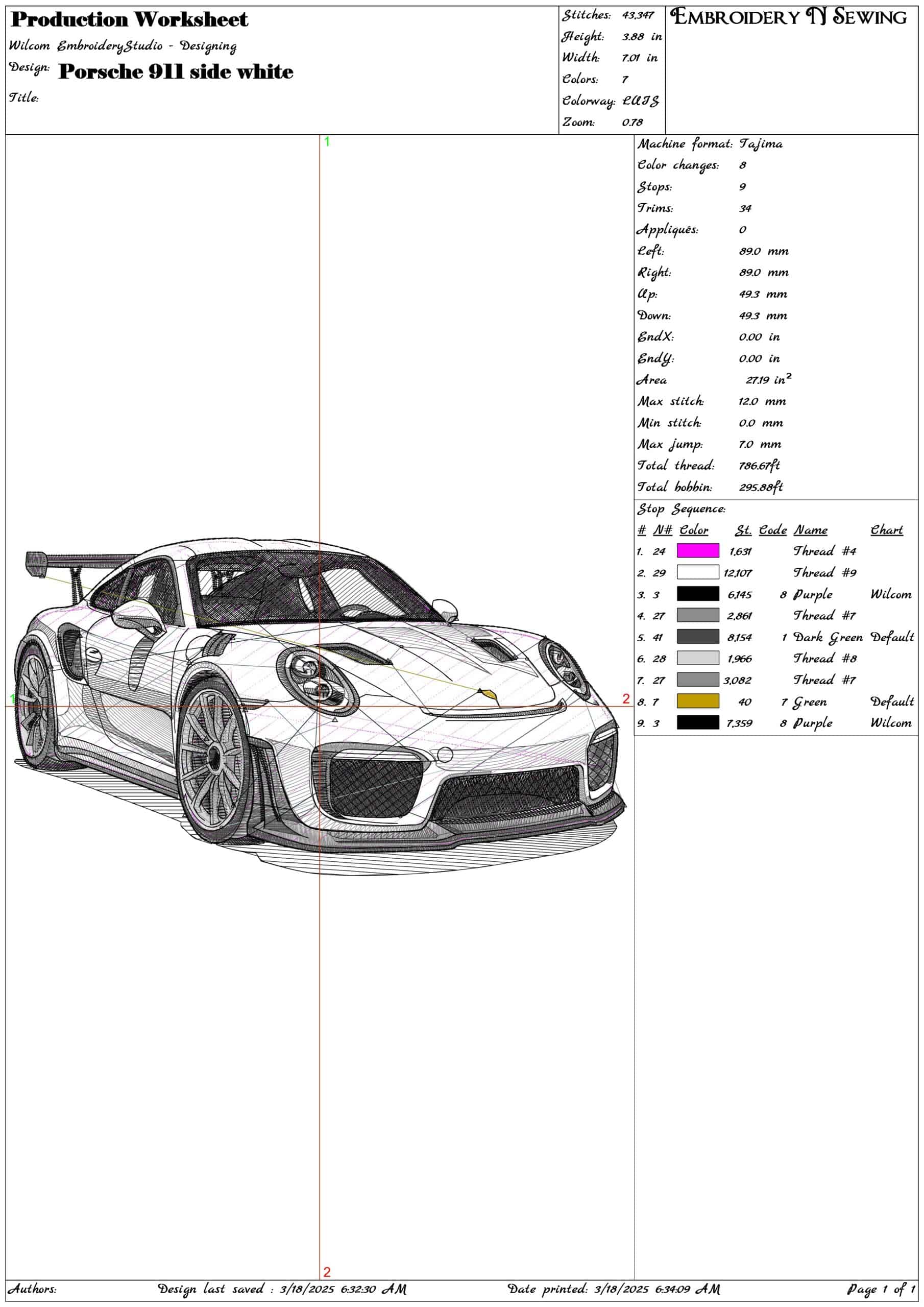 Porsche 911 side white- Elegant embroidery design file - instant download — view 3