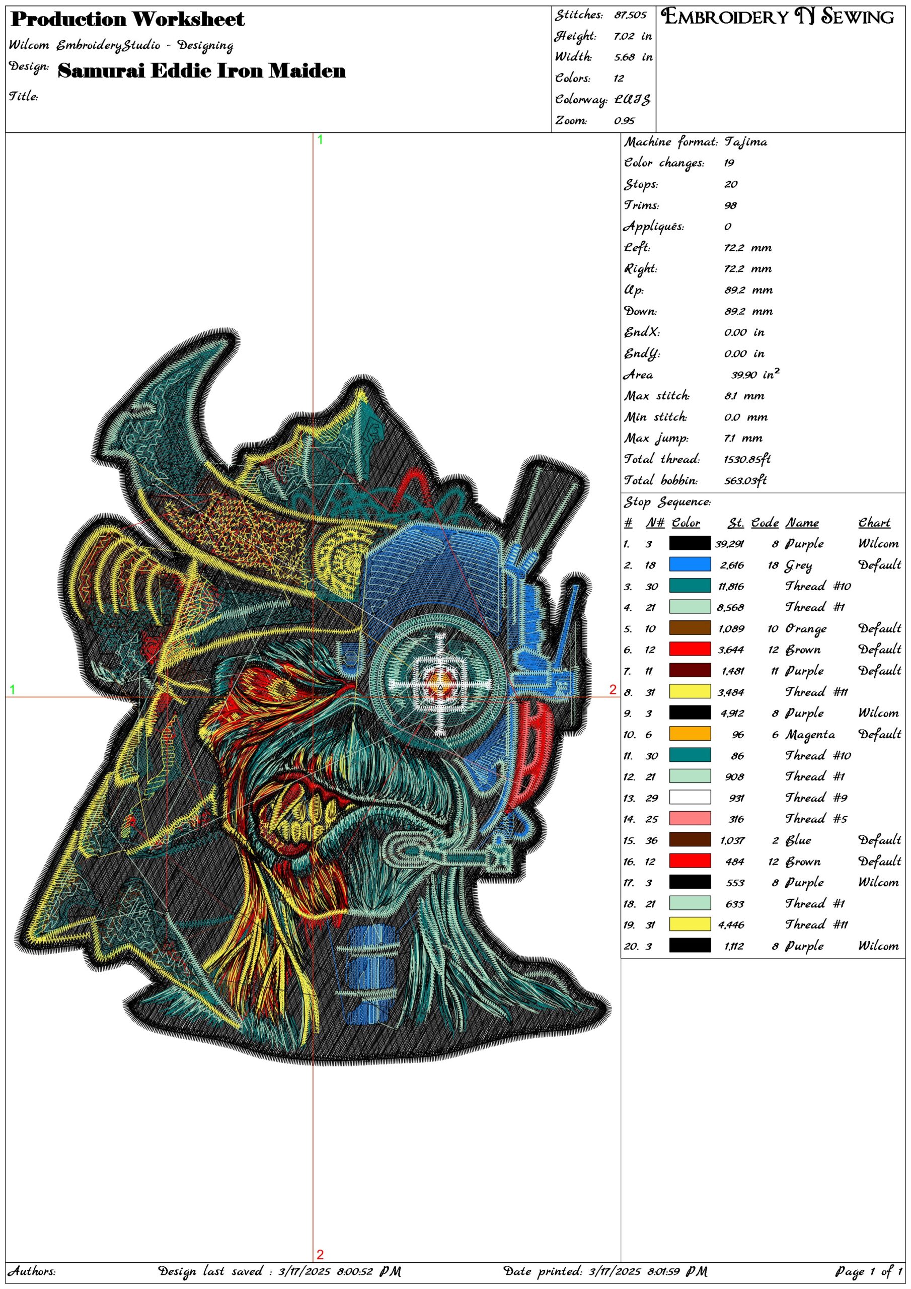 Samurai Eddie Iron Maiden- Elegant embroidery design file - instant download — view 3