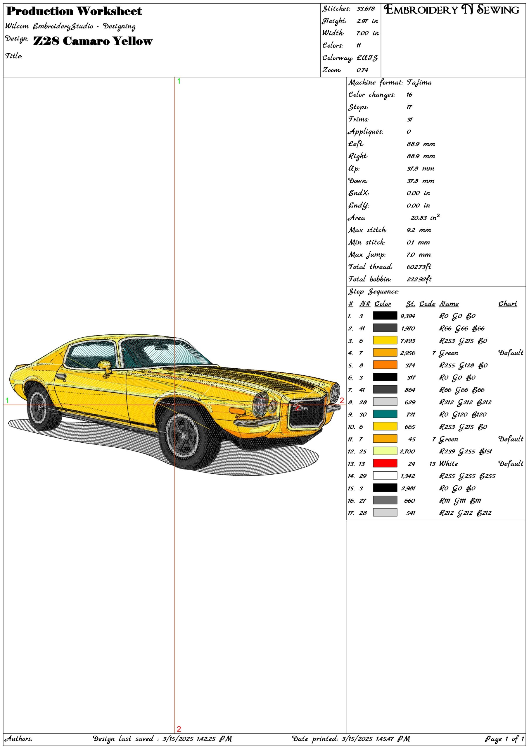 Z28 Camaro Yellow- Elegant embroidery design file - instant download — view 3
