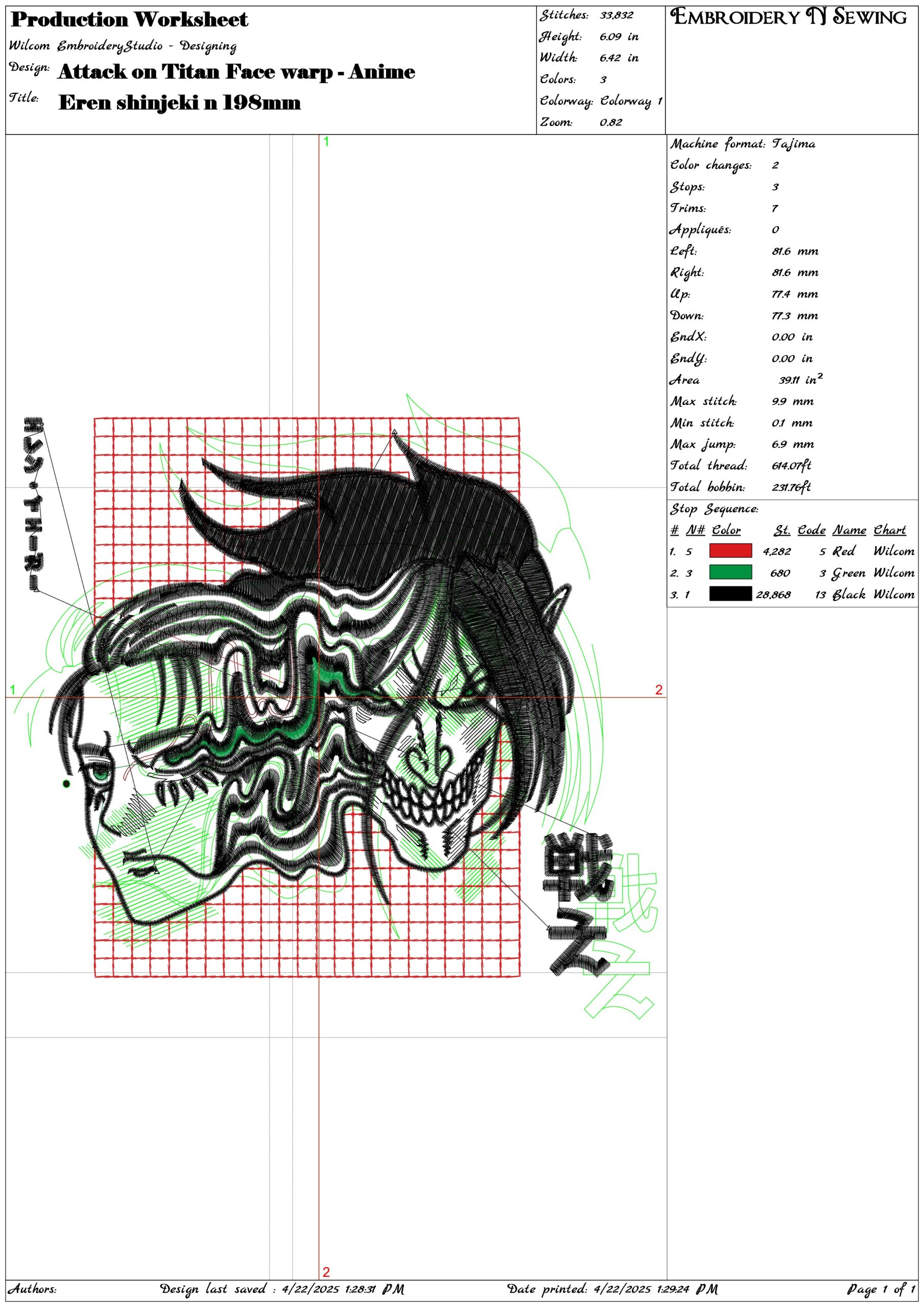 Attack on Titan Face warp - Anime- Elegant embroidery design file - instant download — view 3
