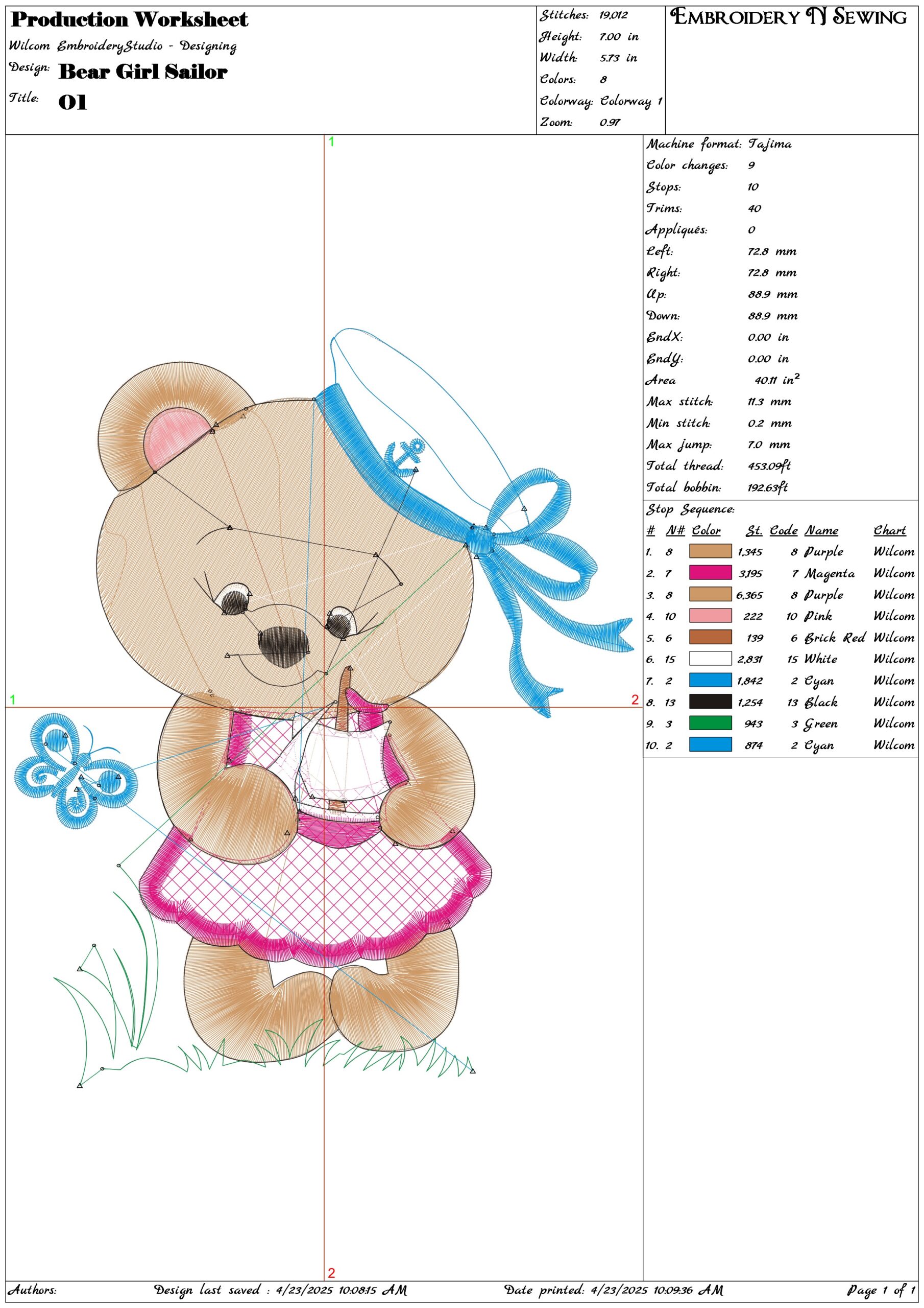 Bear Girl Sailor- Elegant embroidery design file - instant download — view 3