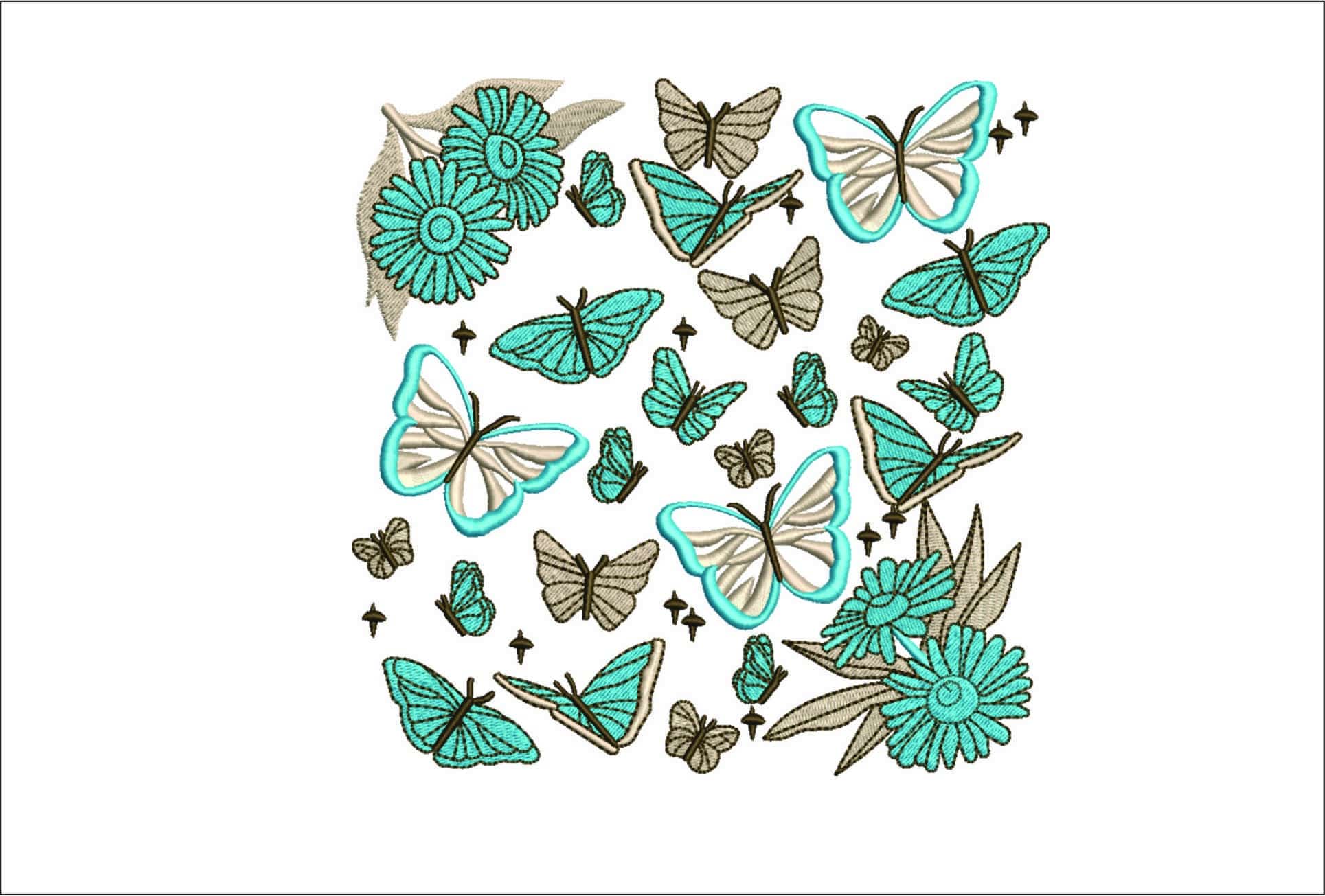 Blue Butterflies and Flowers- Elegant embroidery design file - instant download