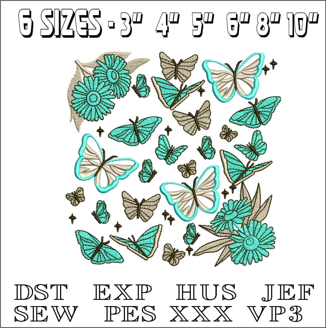 Blue Butterflies and Flowers- Elegant embroidery design file - instant download — view 2