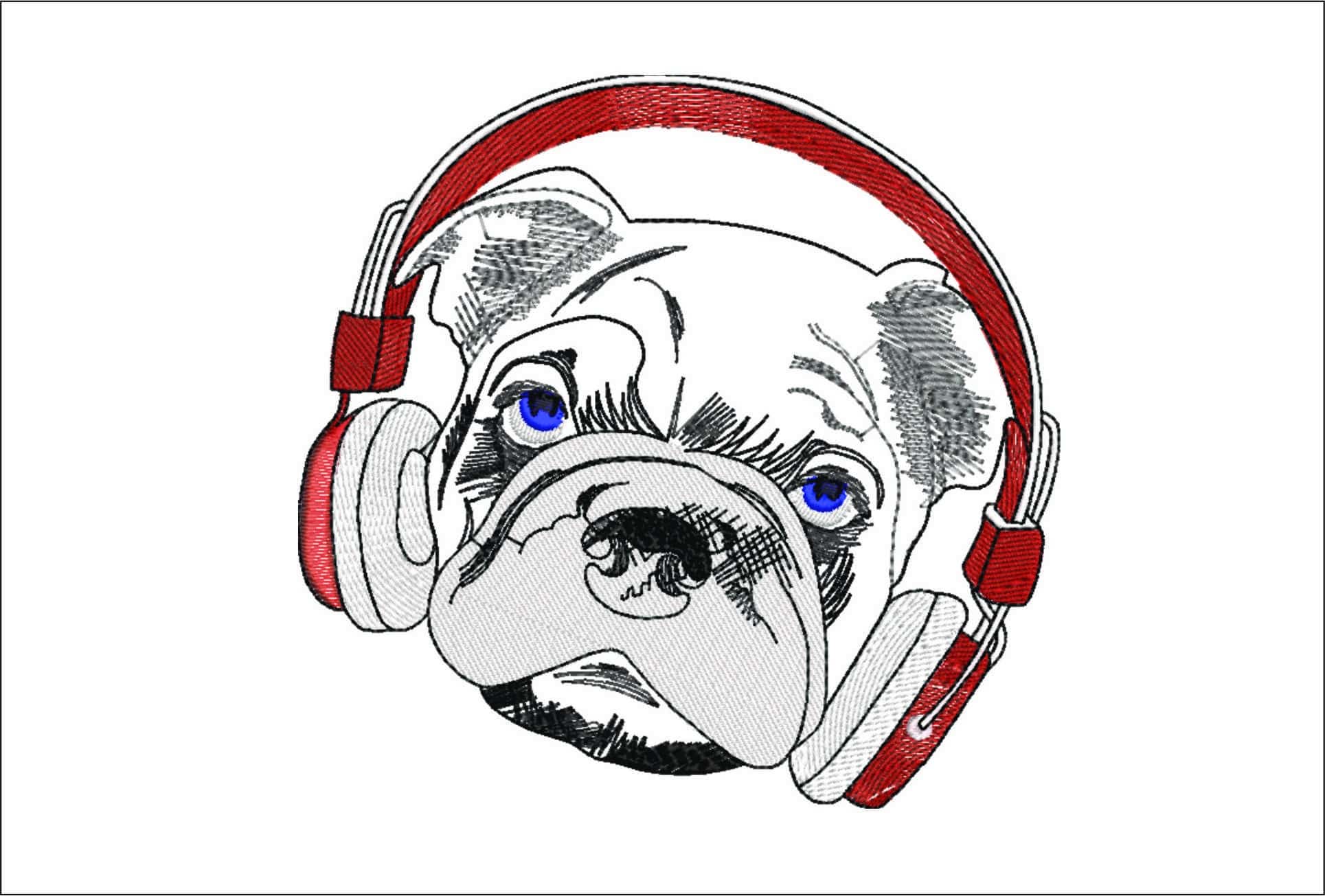 Bulldog in Headphones- Elegant embroidery design file - instant download