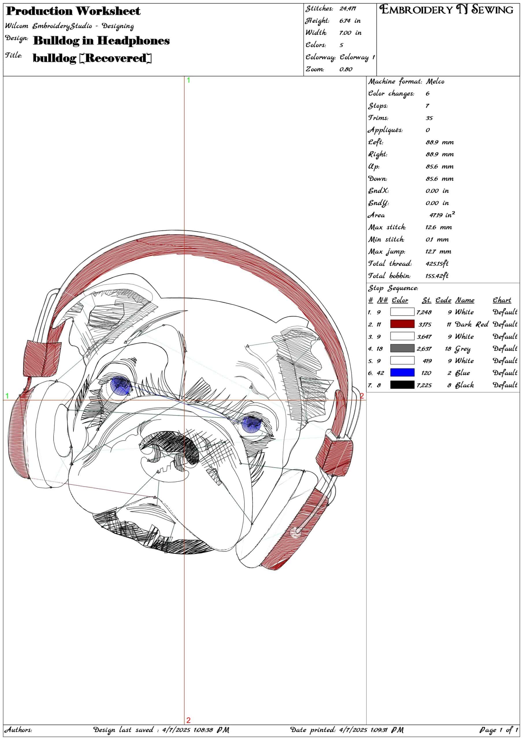 Bulldog in Headphones- Elegant embroidery design file - instant download — view 3