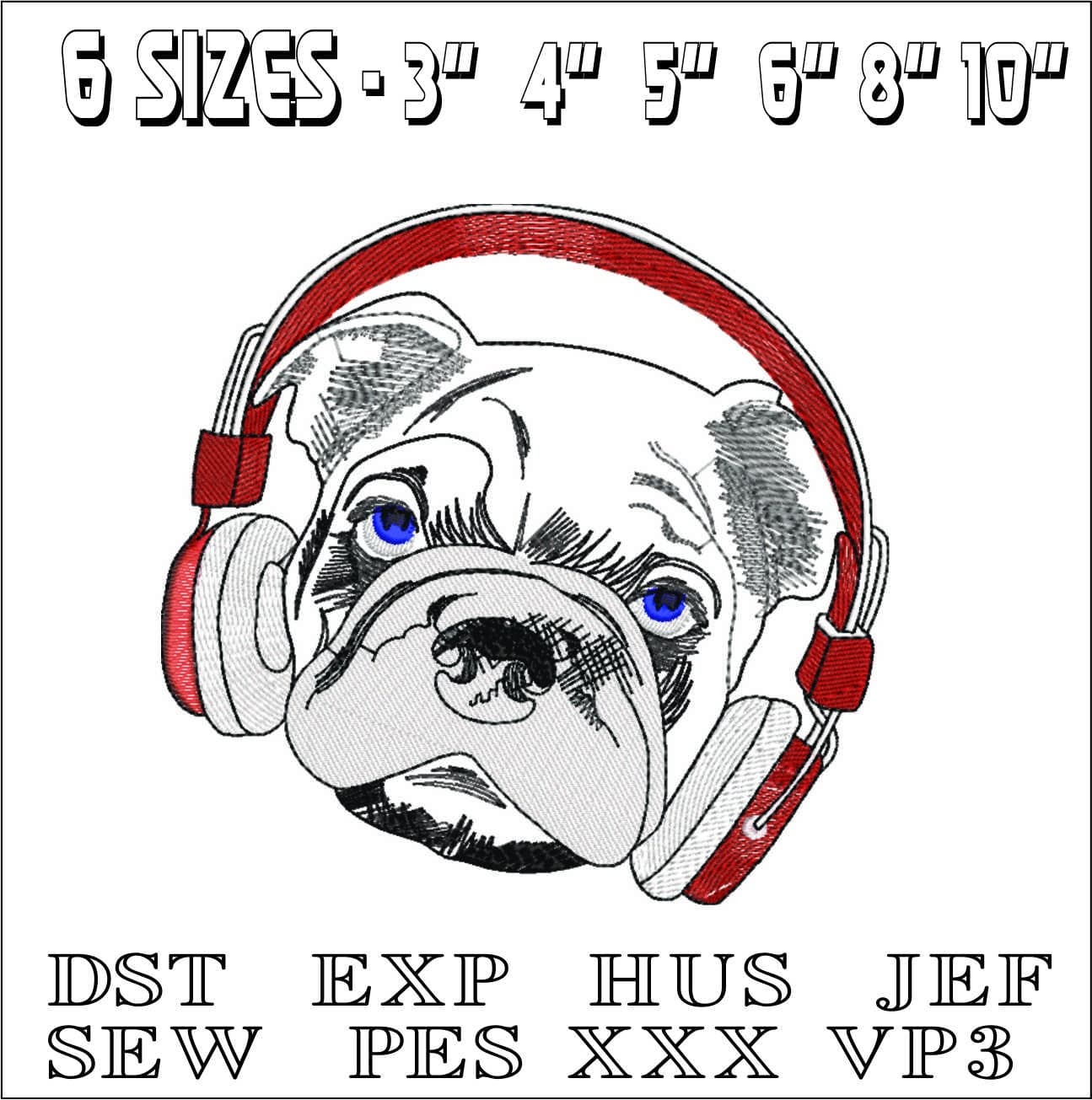 Bulldog in Headphones- Elegant embroidery design file - instant download — view 2