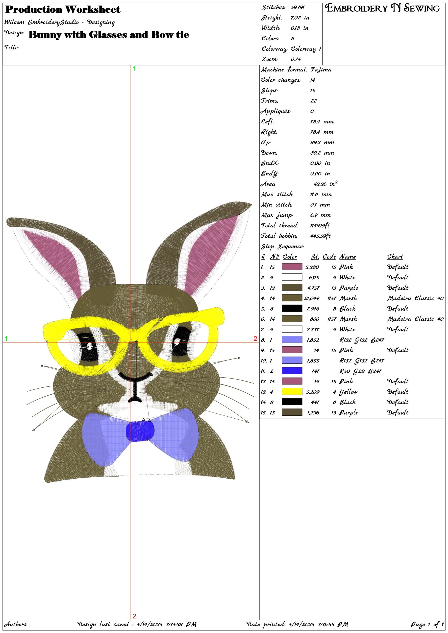 Bunny with Glasses and Bow tie- Elegant embroidery design file - instant download — view 3