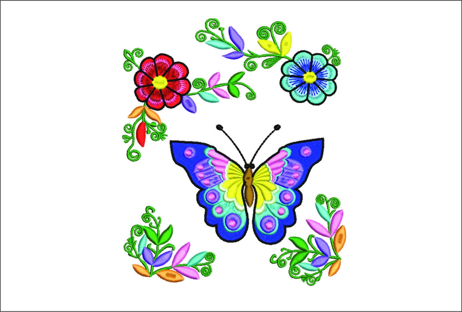 Butterfly and Flowers- Elegant embroidery design file - instant download