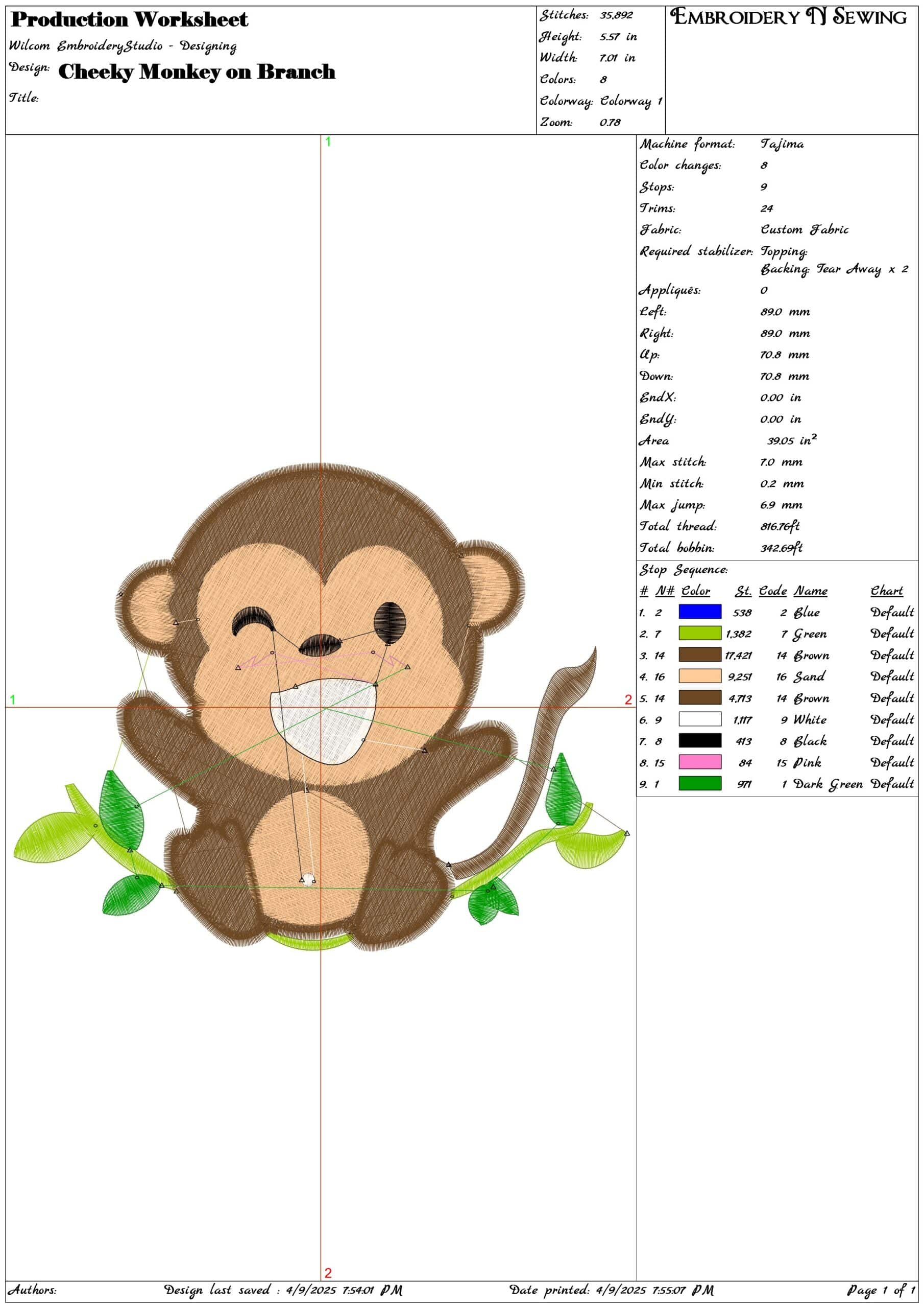 Cheeky Monkey on Branch- Elegant embroidery design file - instant download — view 3
