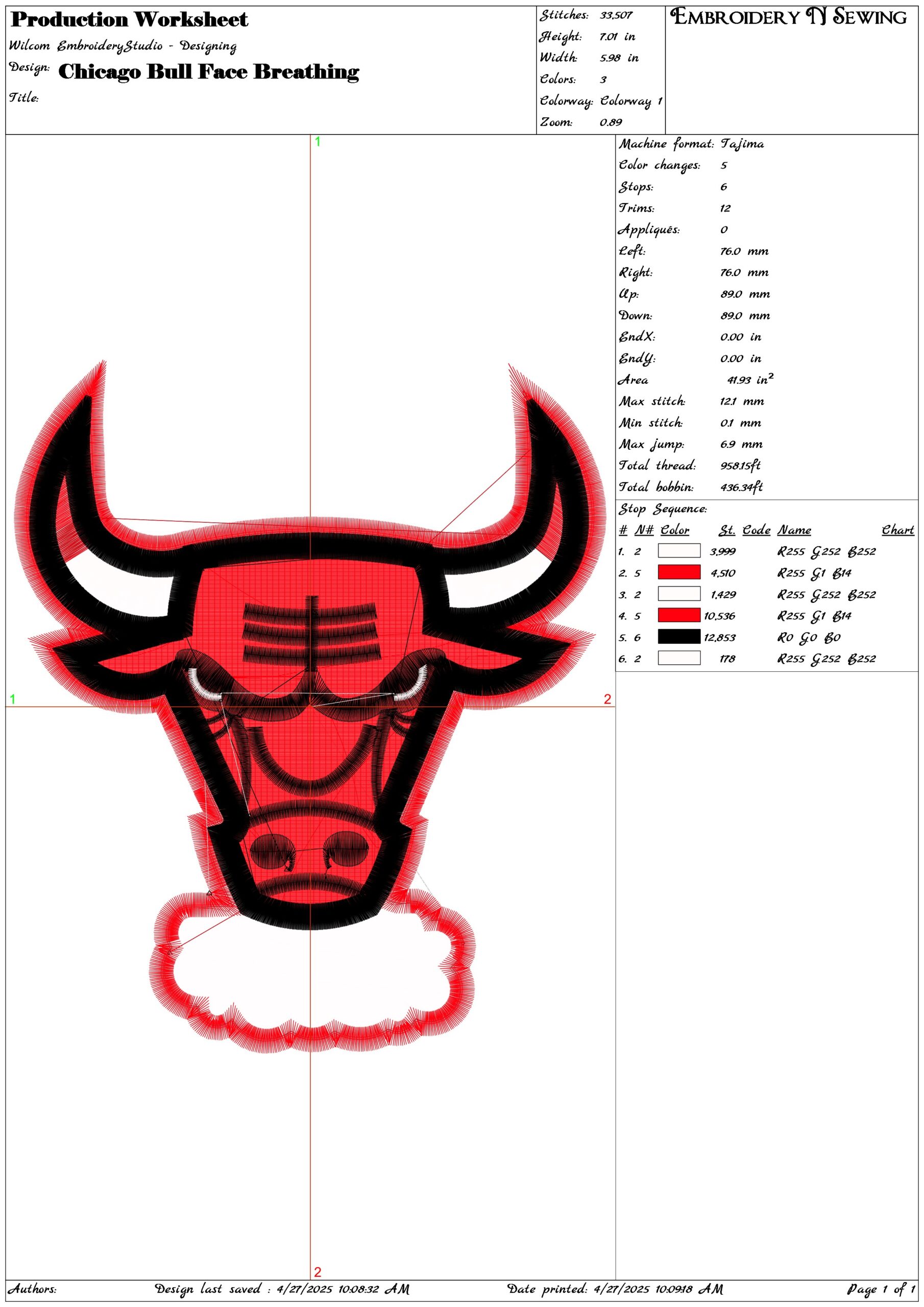 Chicago Bull Face Breathing- Elegant embroidery design file - instant download — view 3