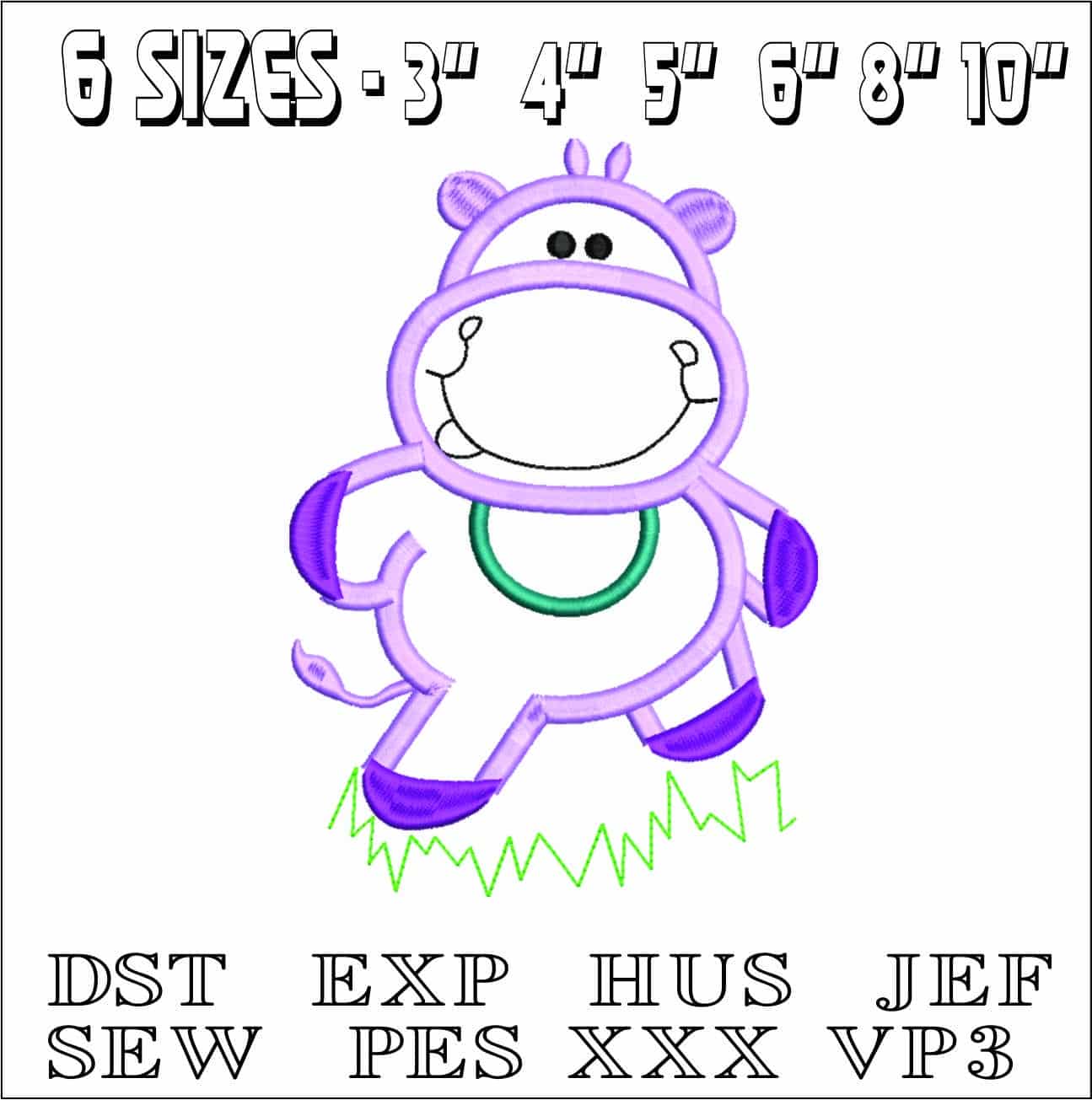 Children Hippo Applique- Elegant embroidery design file - instant download — view 2