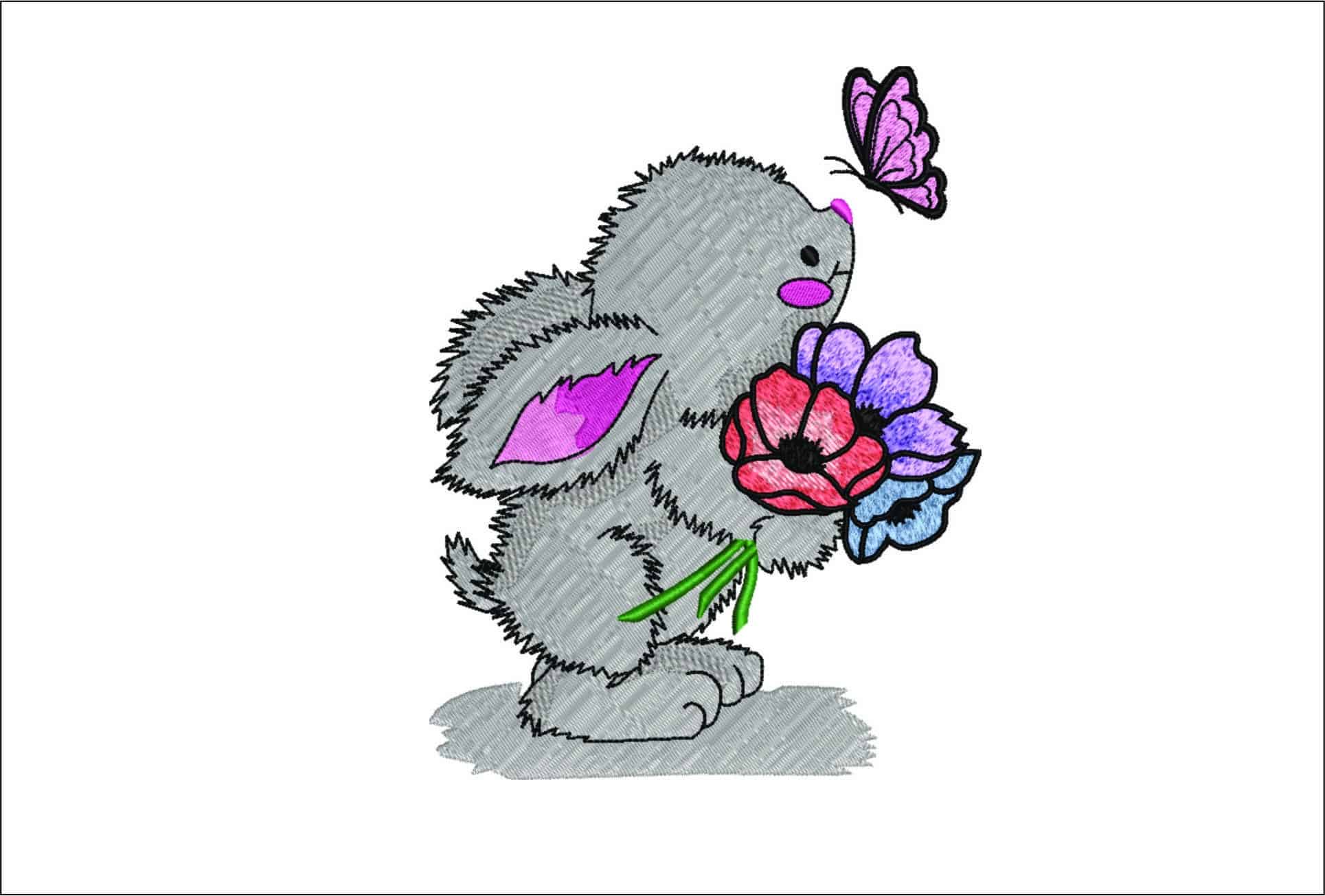 Cute Bunny with Flowers- Elegant embroidery design file - instant download