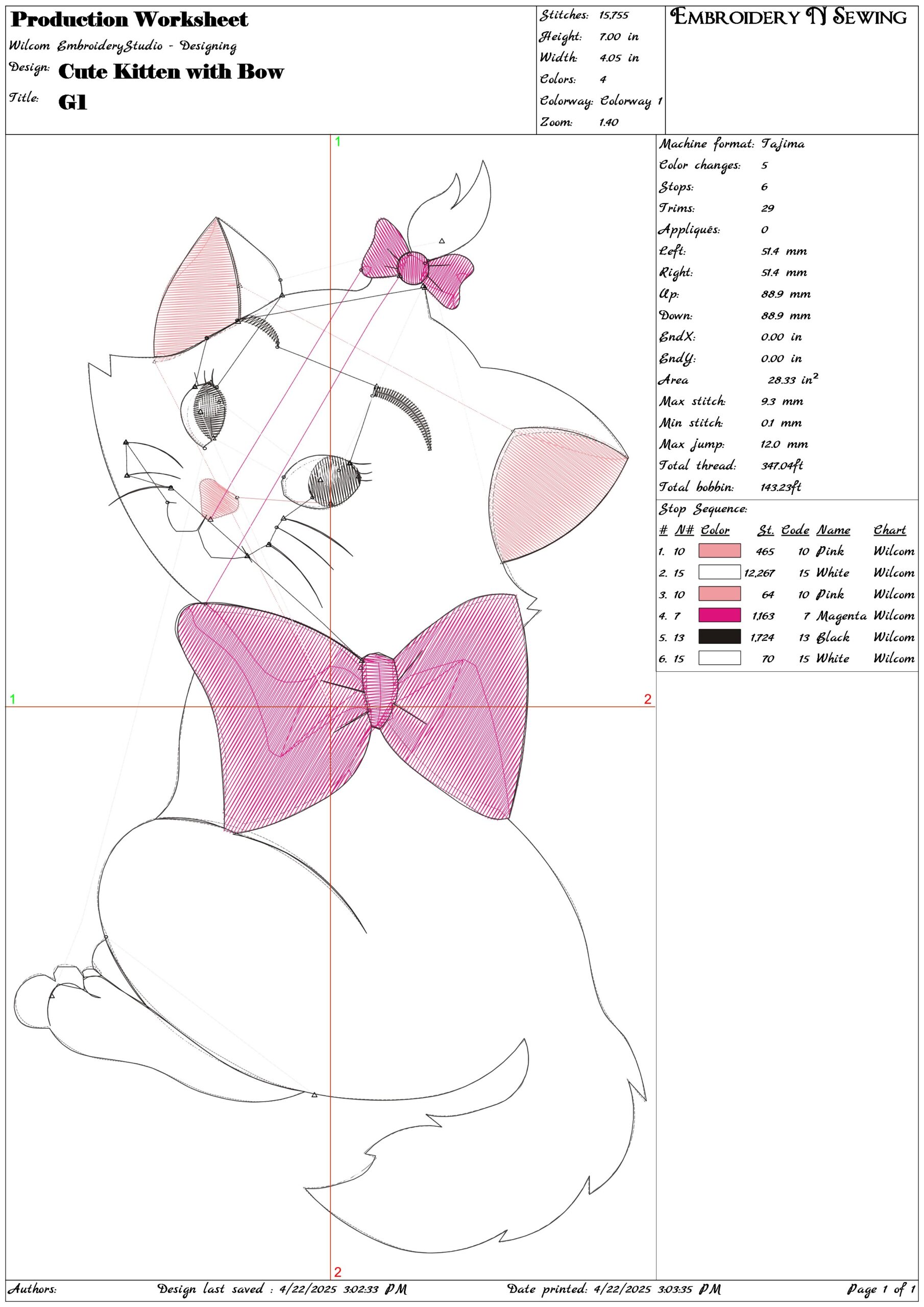 Cute Kitten with Bow- Elegant embroidery design file - instant download — view 3