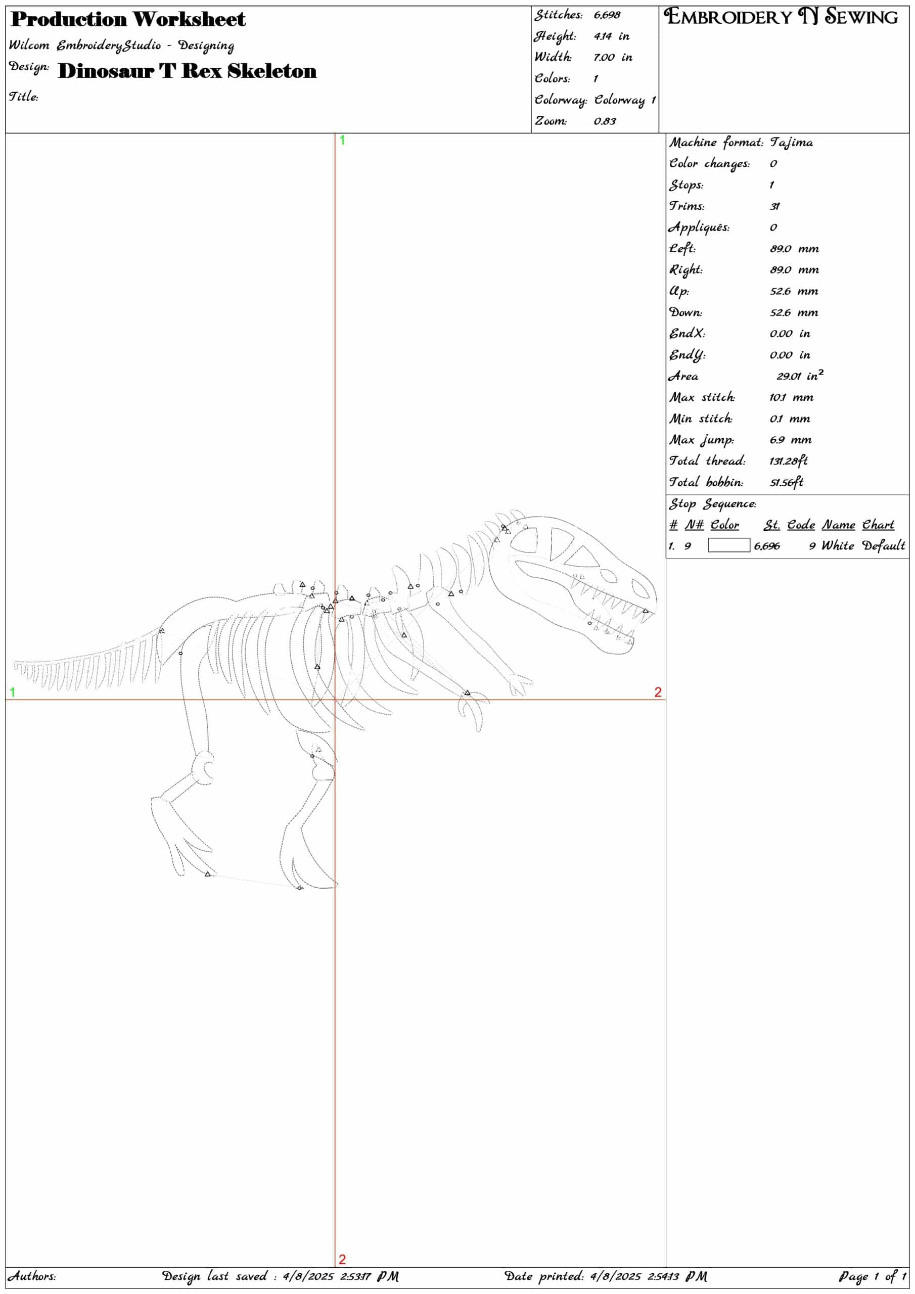 Dinosaur T Rex Skeleton- Elegant embroidery design file - instant download — view 3
