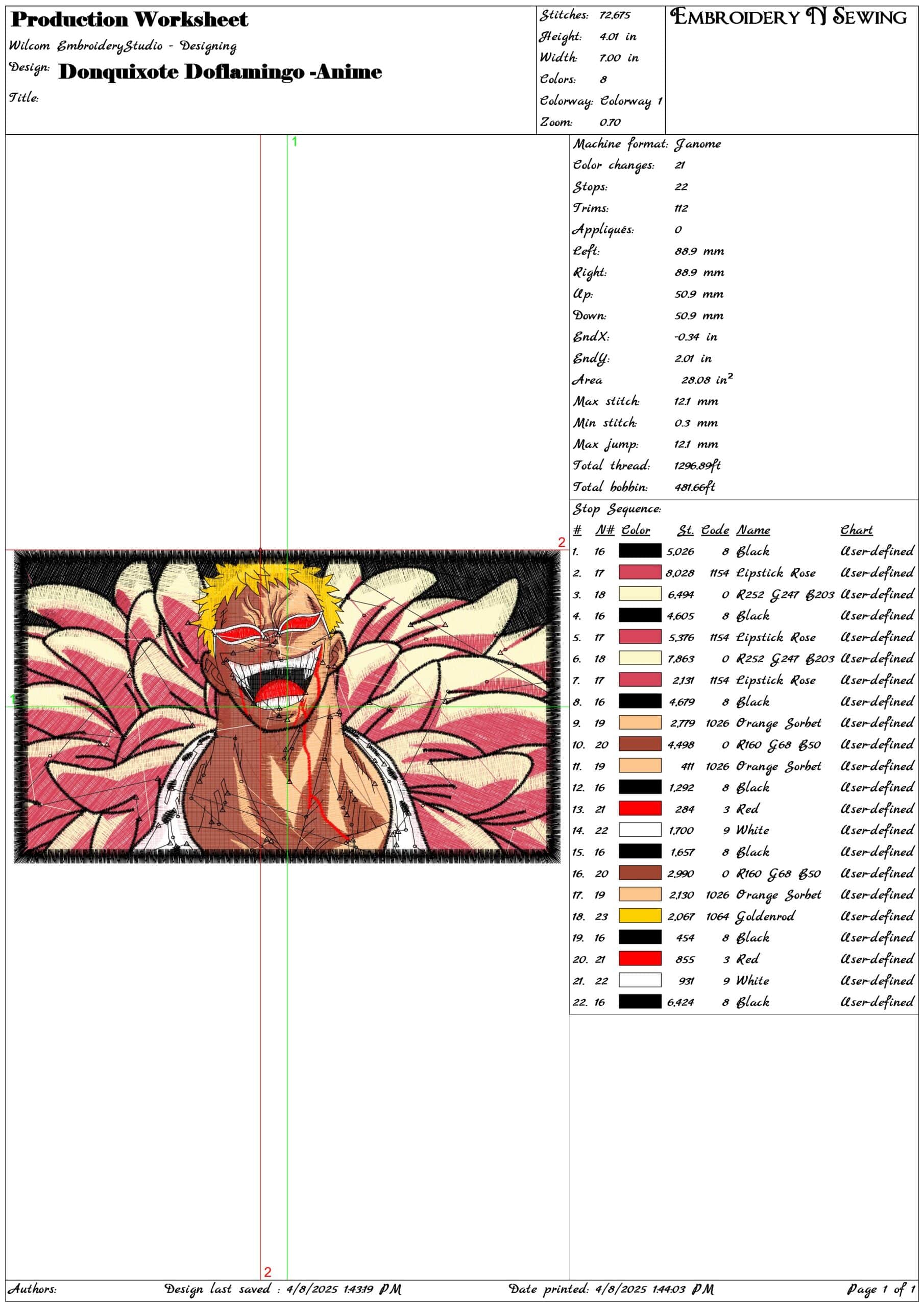 Donquixote Doflamingo -Anime- Elegant embroidery design file - instant download — view 3