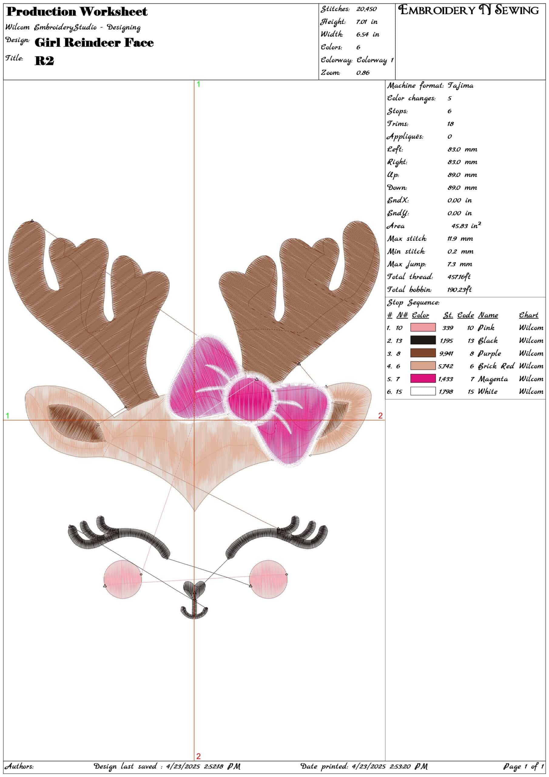 Girl Reindeer Face Formula 1- Elegant embroidery design file - instant download — view 3