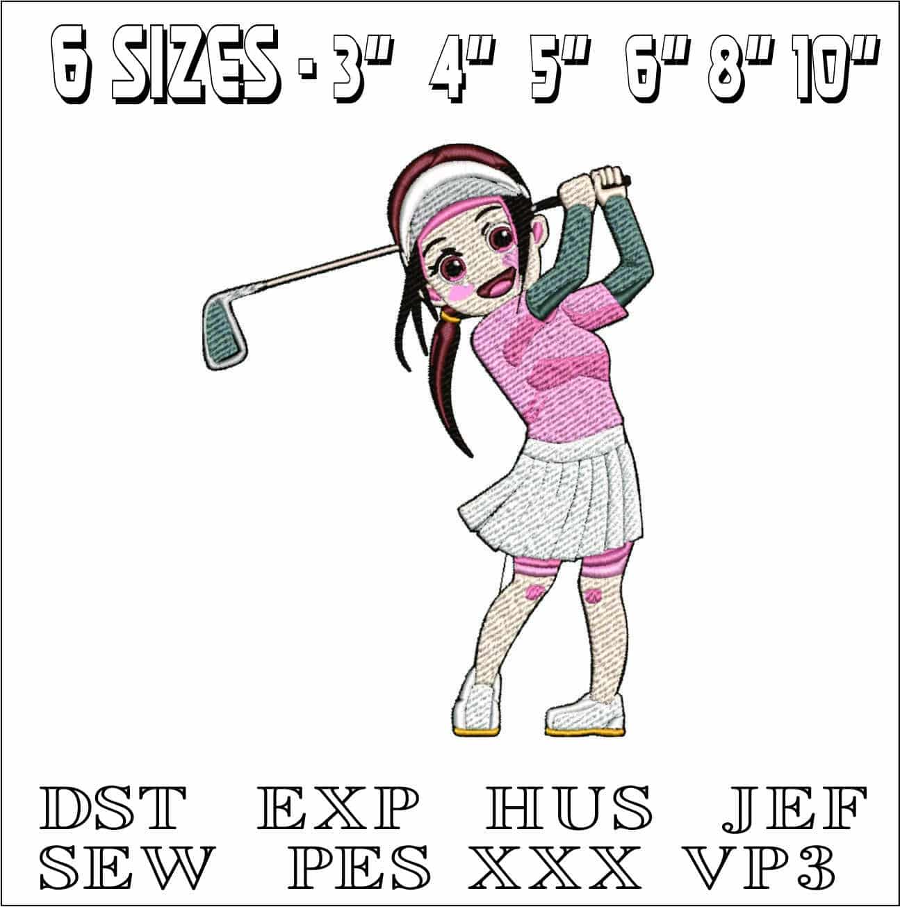 Asian Golfer Girl- Elegant embroidery design file - instant download — view 2