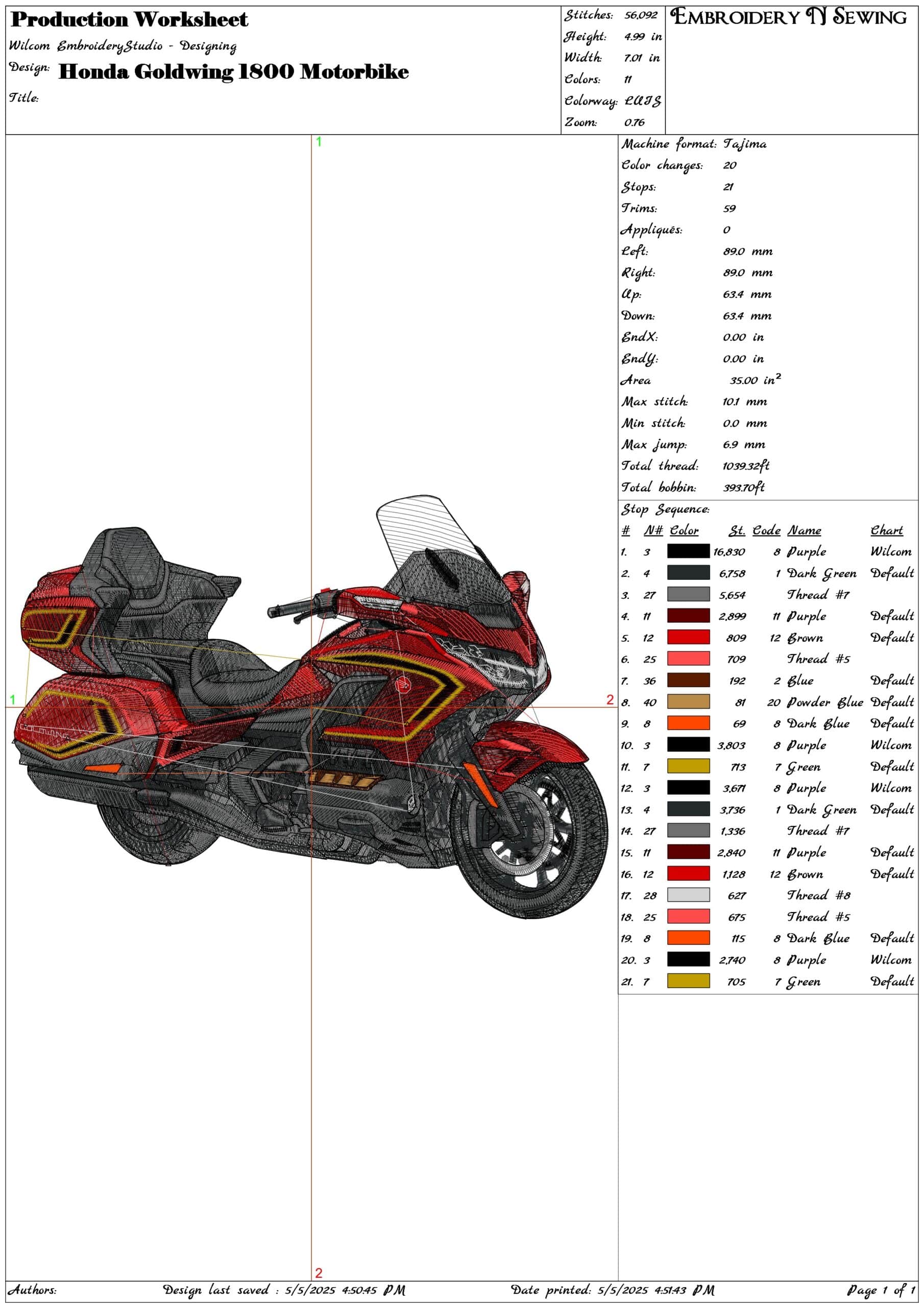Honda Goldwing Motorbike- Elegant embroidery design file - instant download — view 3