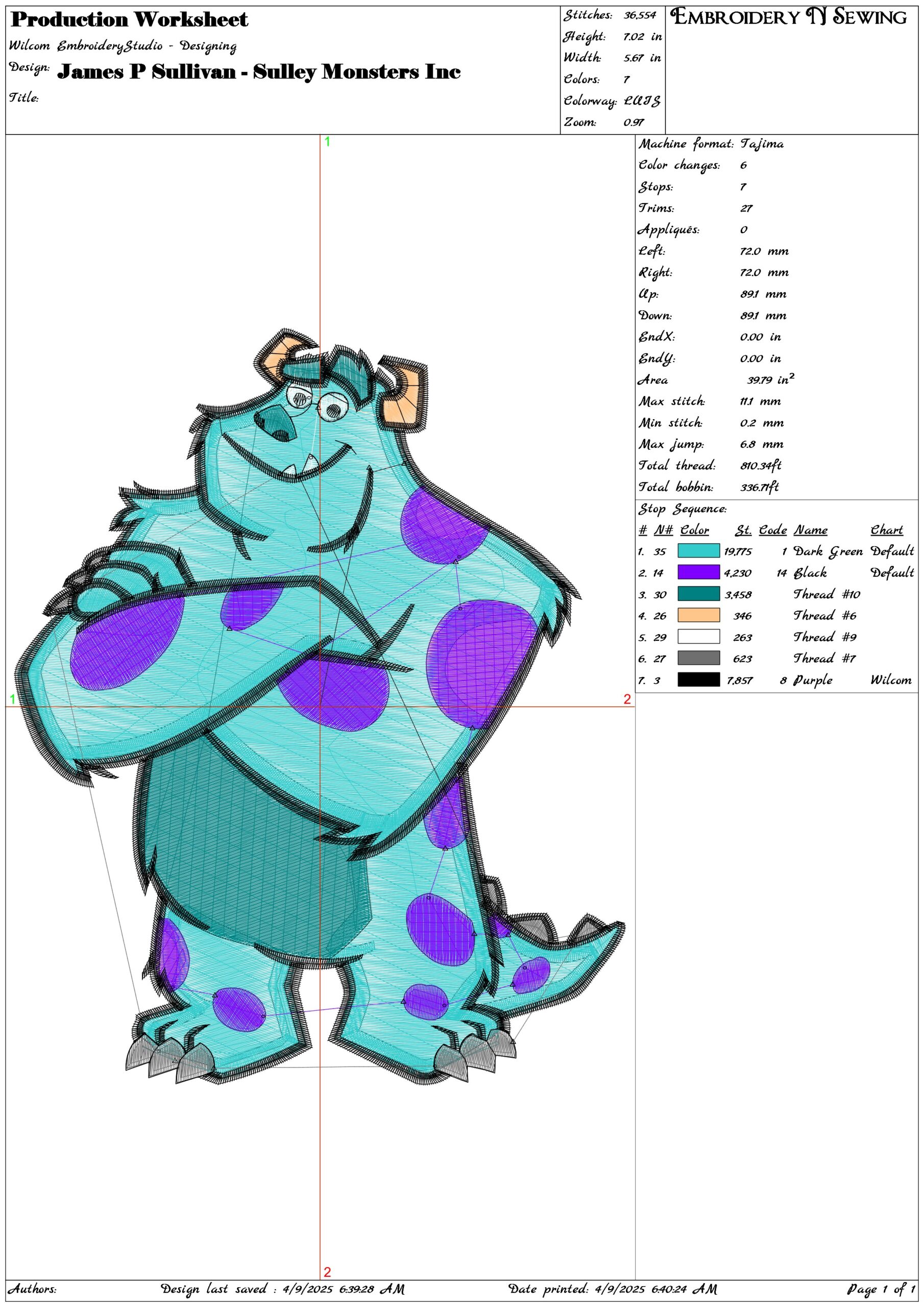 James P Sullivan - Sulley Monsters Inc- Elegant embroidery design file - instant download — view 3