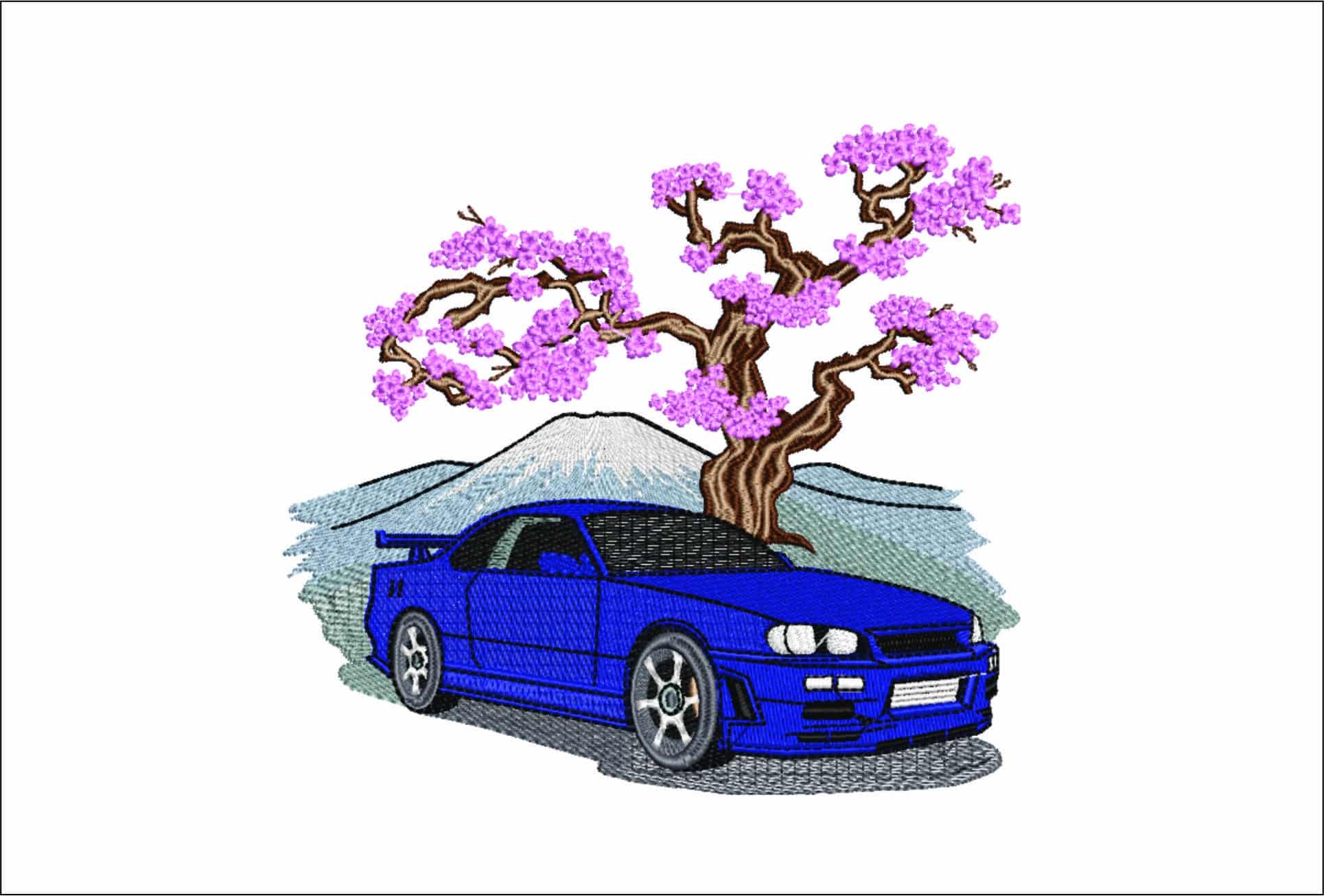 Japanese Car and Cherry Blossom- Elegant embroidery design file - instant download