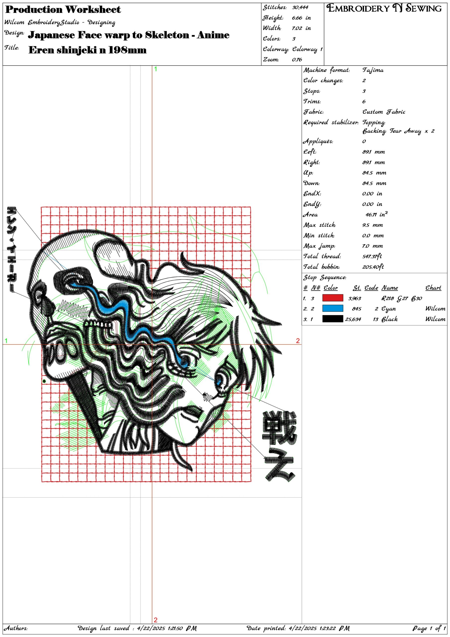 Japanese Face warp to Skeleton - Anime- Elegant embroidery design file - instant download — view 3