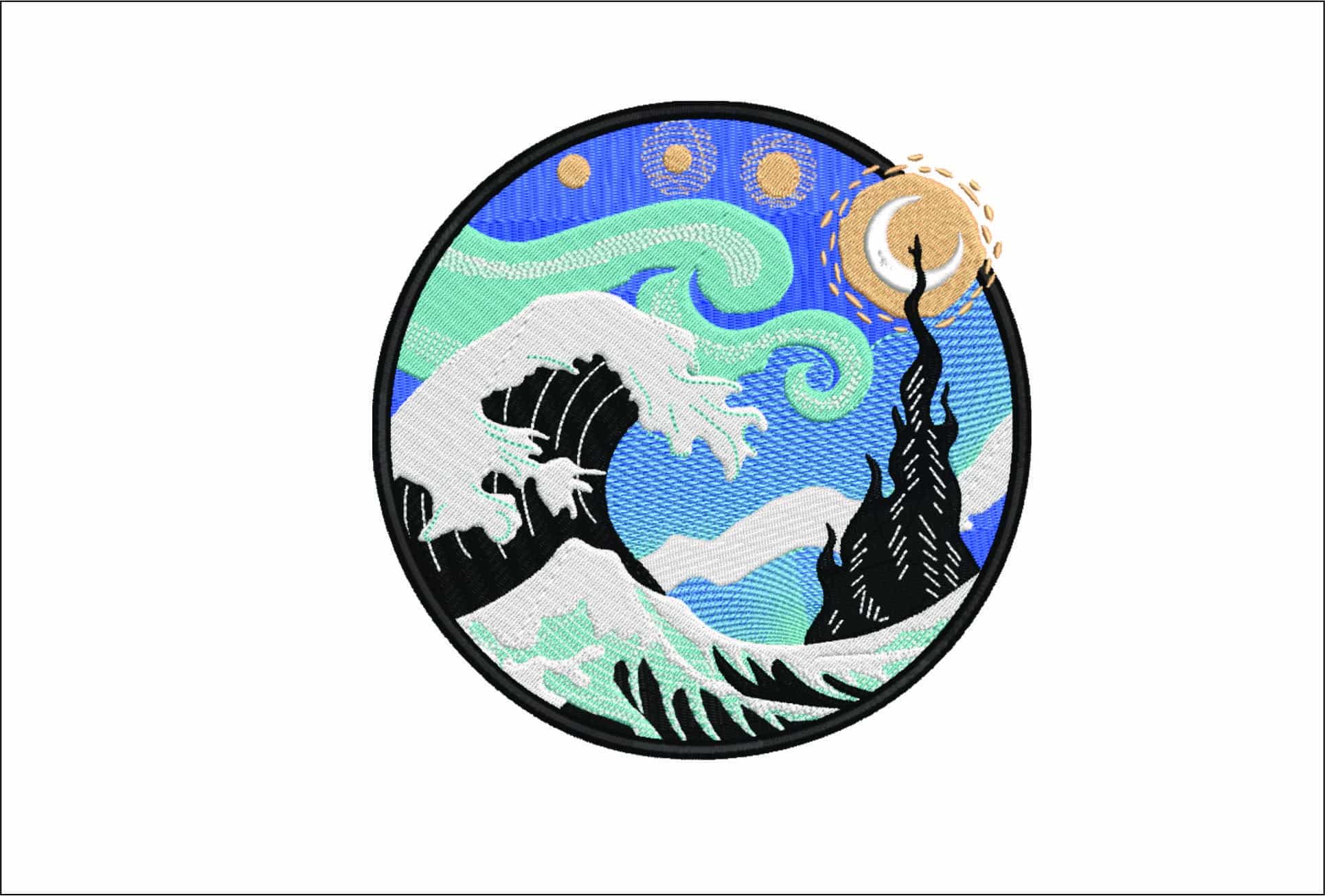 Japanese Wave moon - Anime- Elegant embroidery design file - instant download