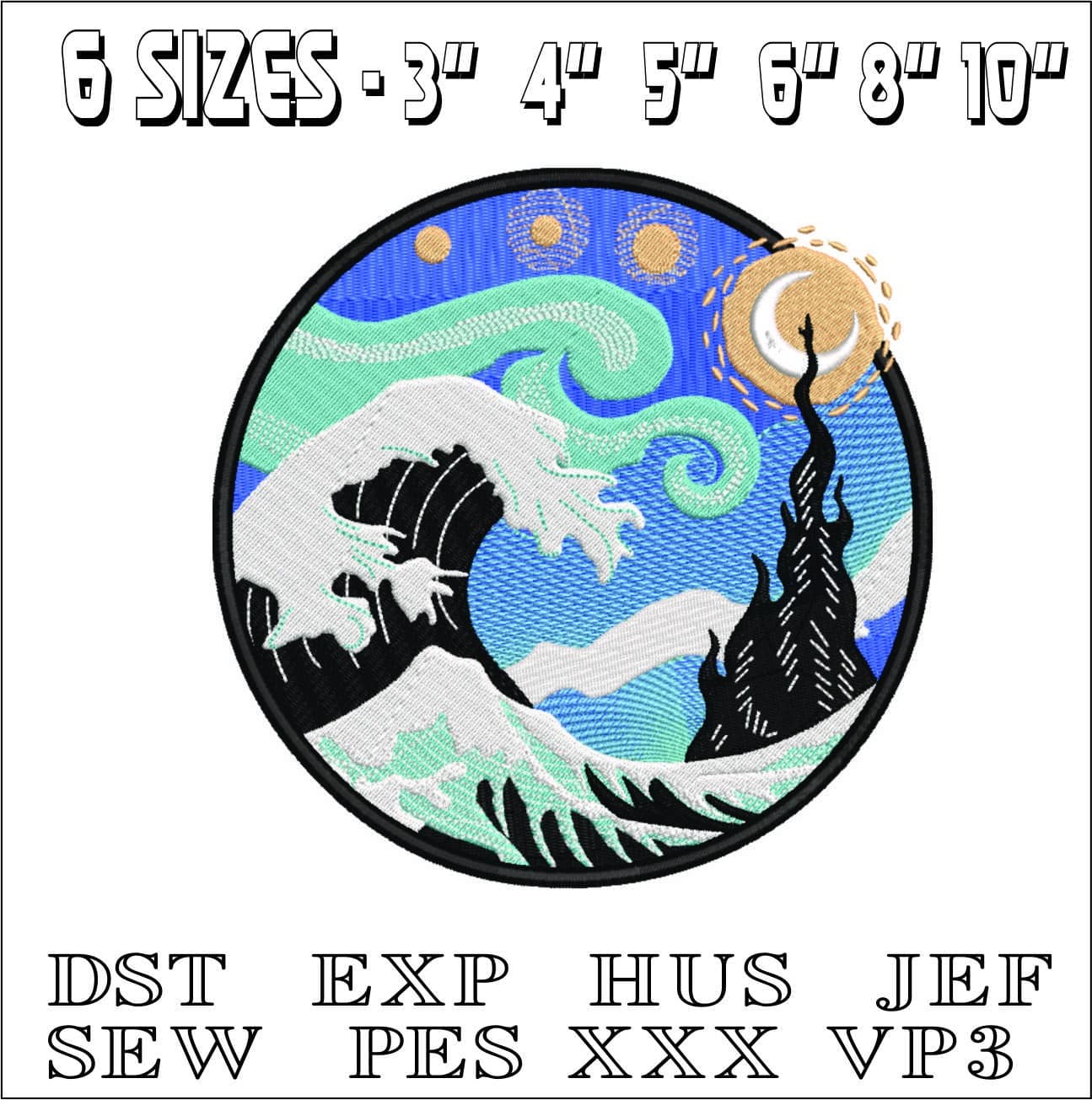 Japanese Wave moon - Anime- Elegant embroidery design file - instant download — view 2