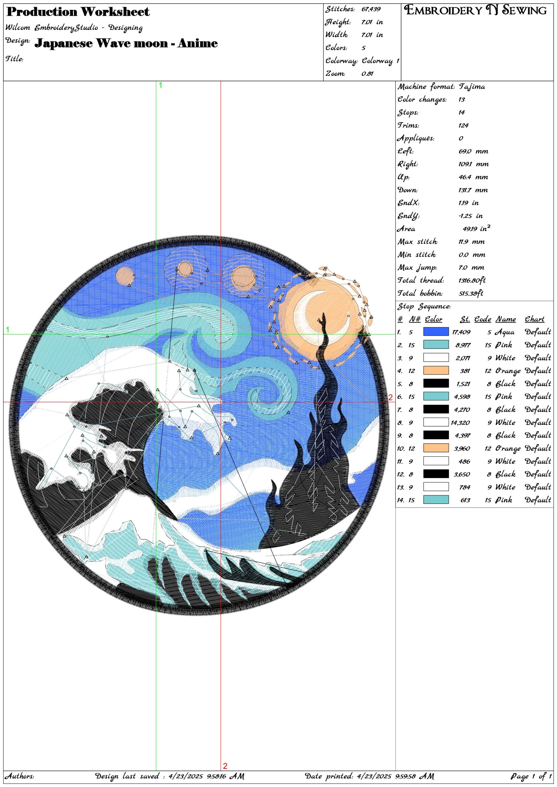 Japanese Wave moon - Anime- Elegant embroidery design file - instant download — view 3
