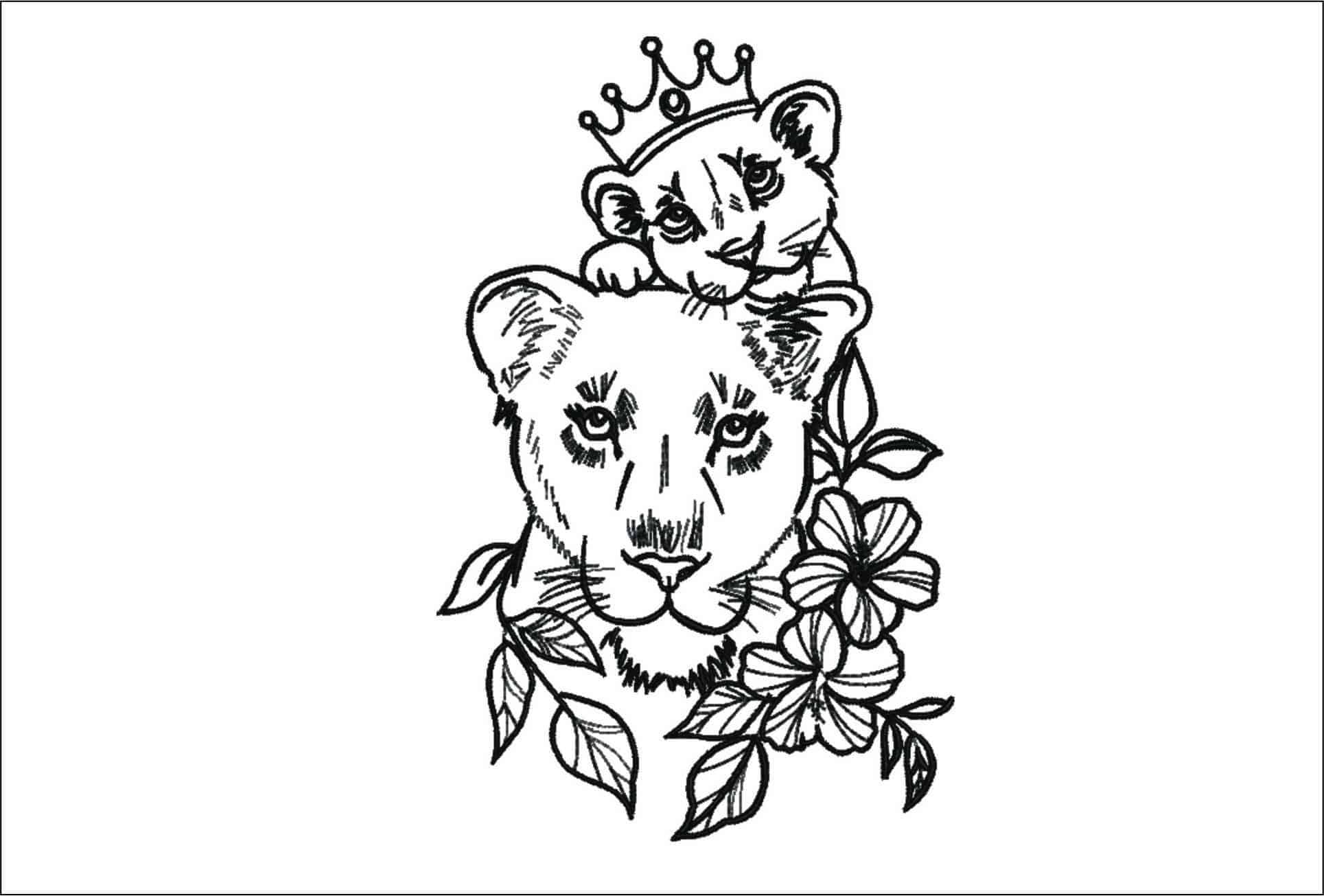 Lioness with her Prince Line Art- Elegant embroidery design file - instant download