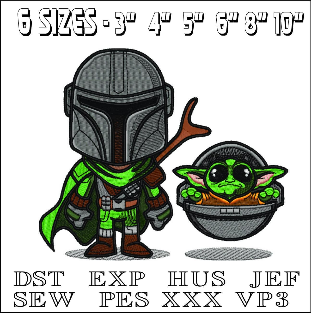 Mandalorian and baby Yoda cartoon- Elegant embroidery design file - instant download — view 2