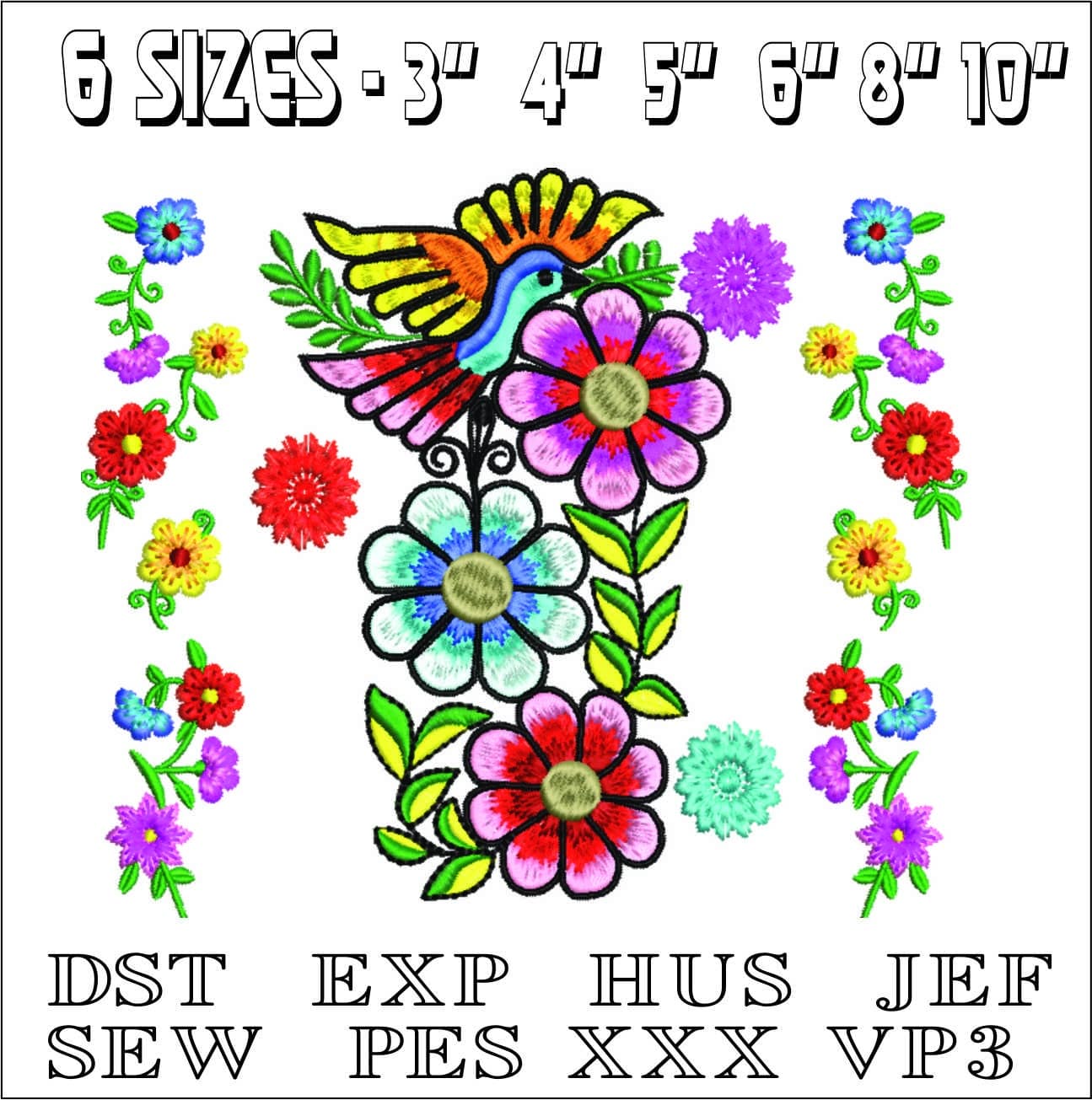 Mexican Bird and flowers- Elegant embroidery design file - instant download — view 2