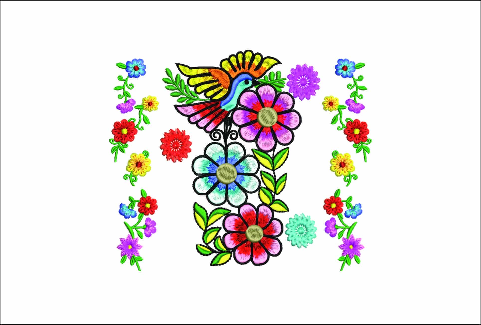Mexican Bird and flowers- Elegant embroidery design file - instant download