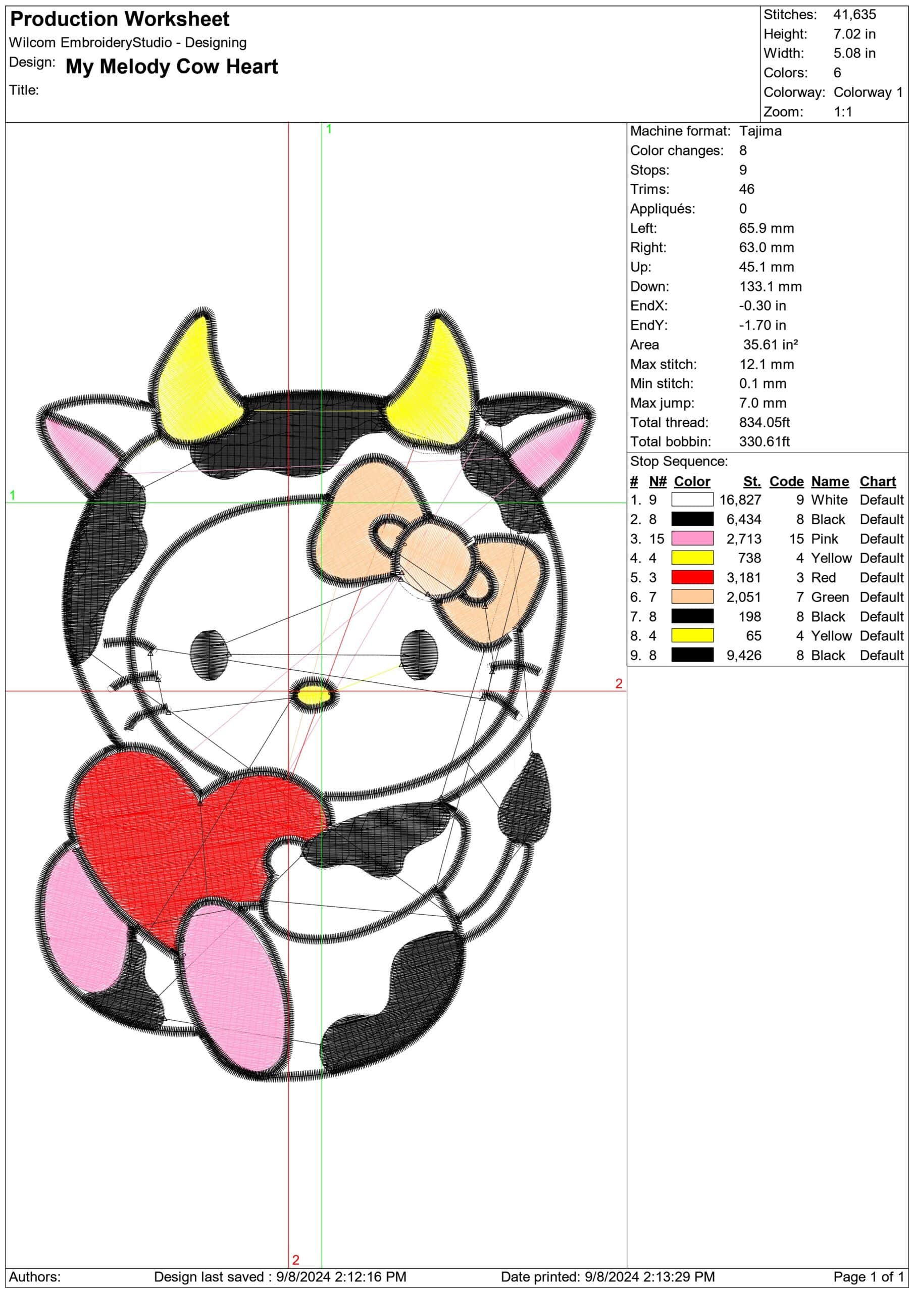 My Melody Cow Heart- Elegant embroidery design file - instant download — view 3