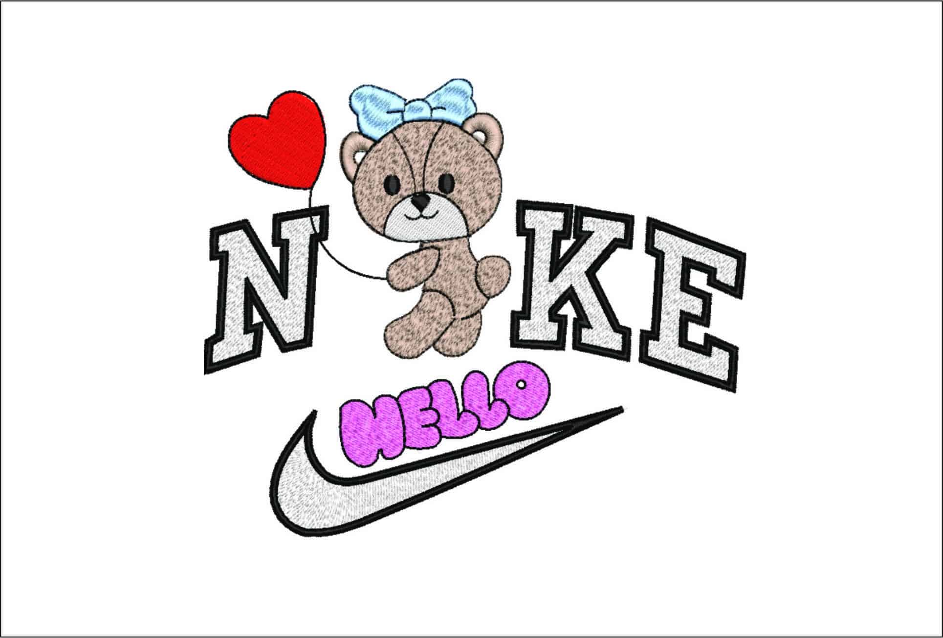 Nike Bear Hello Ballon- Elegant embroidery design file - instant download