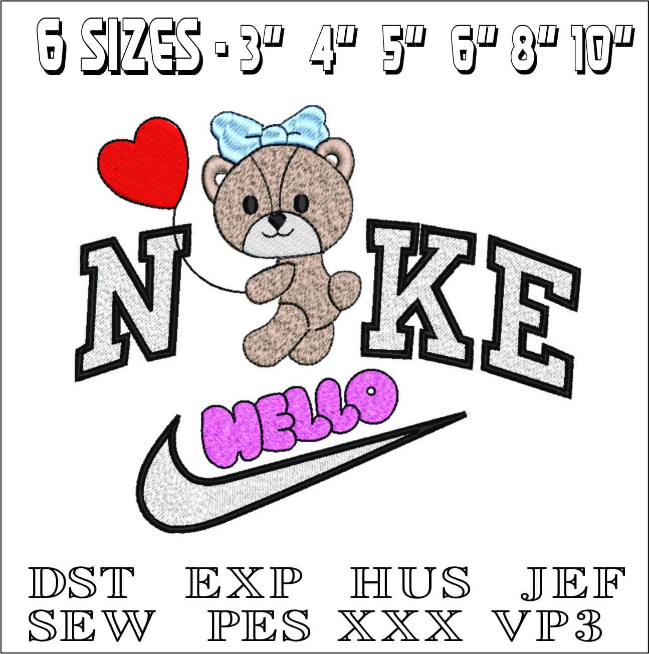 Nike Bear Hello Ballon- Elegant embroidery design file - instant download — view 2