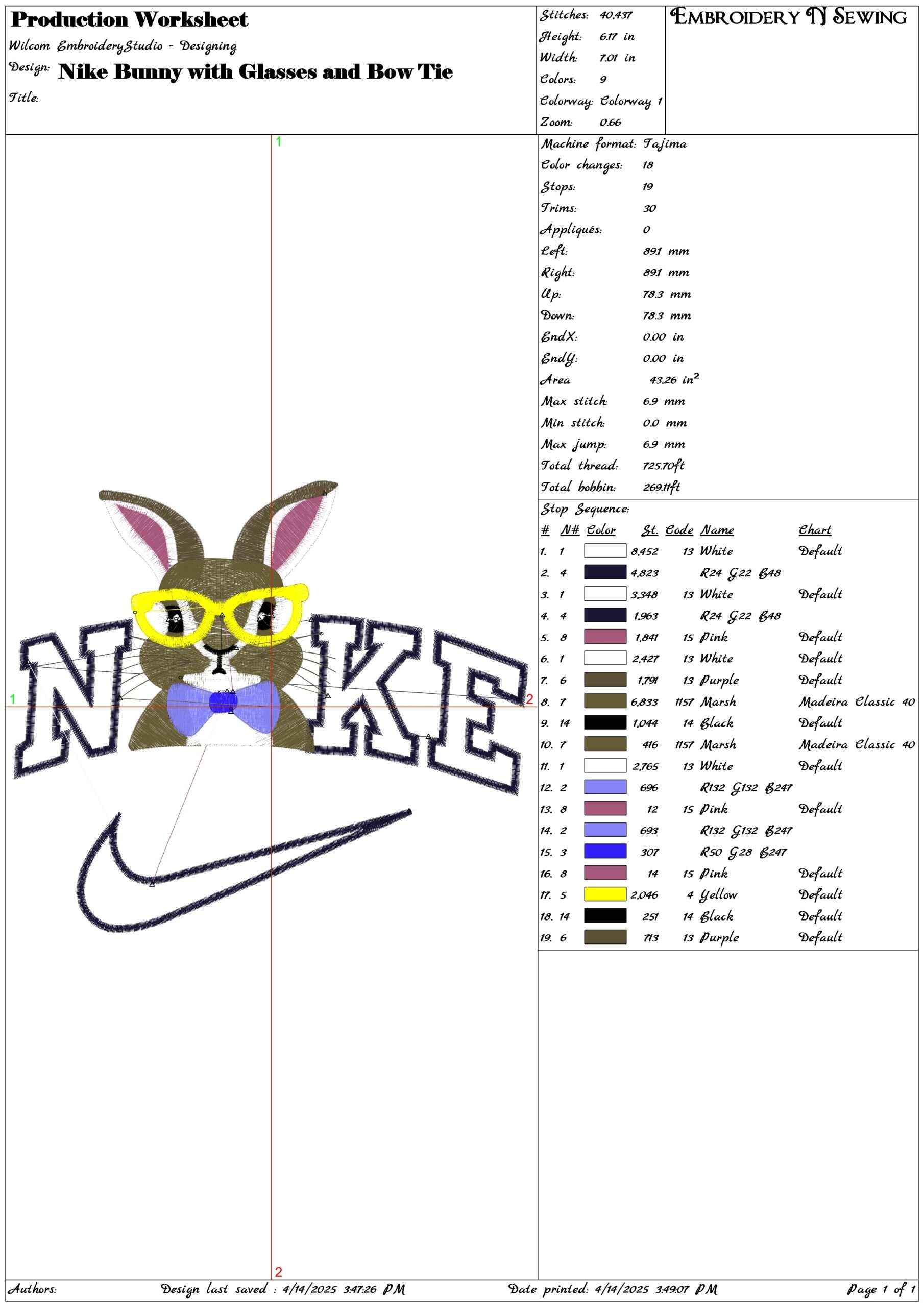 Nike Bunny with Glasses and Bow Tie - Transformer- Elegant embroidery design file - instant download — view 3