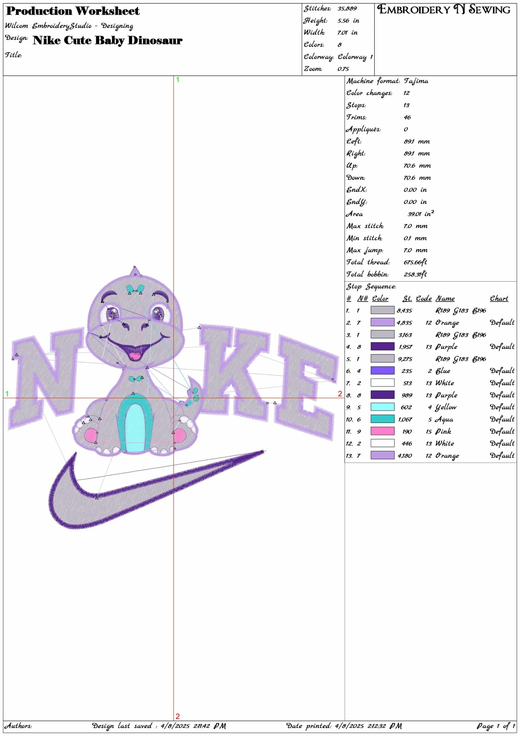 Nike Cute Baby Dinosaur- Elegant embroidery design file - instant download — view 3