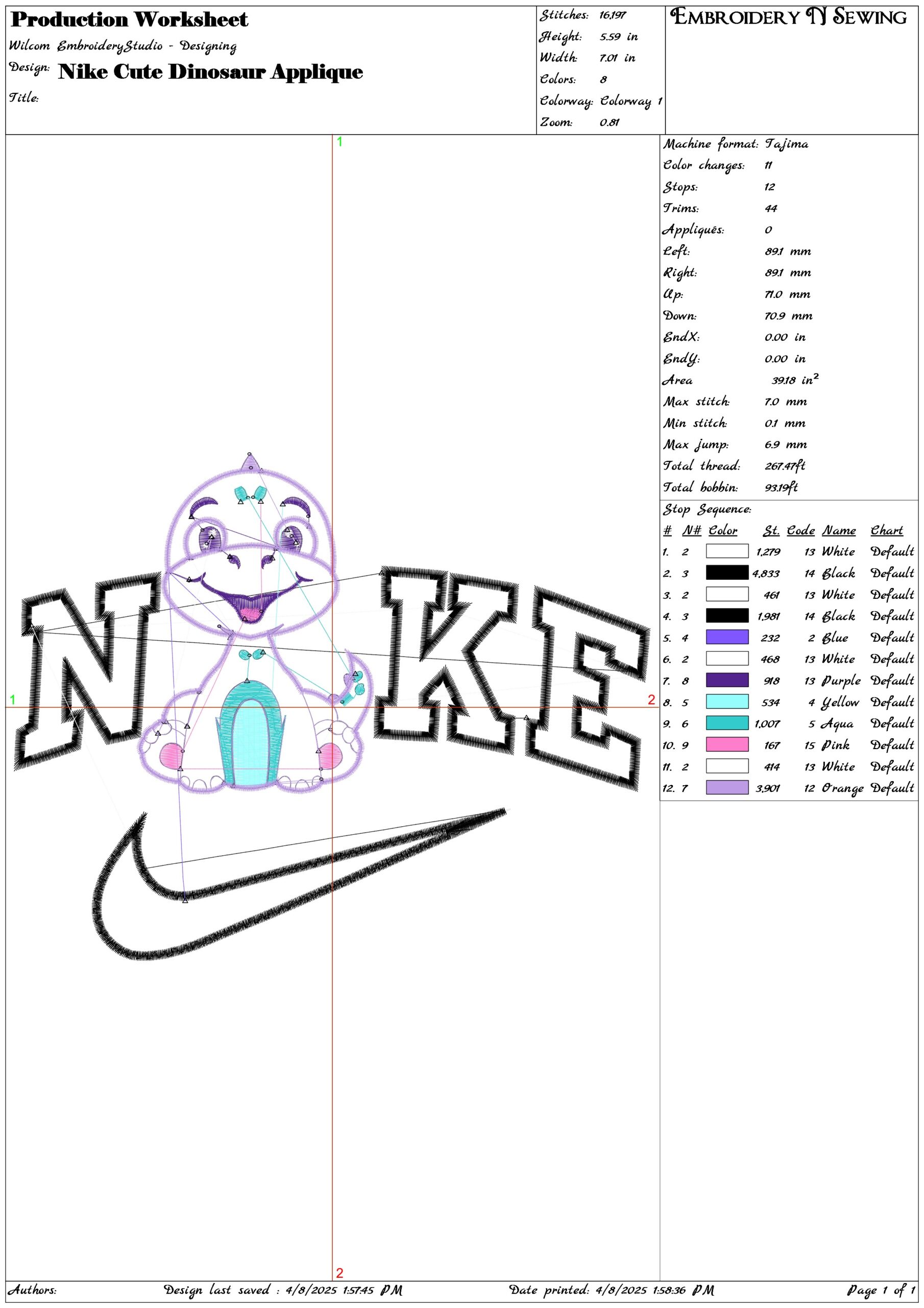 Nike Cute Dinosaur Applique- Elegant embroidery design file - instant download — view 3