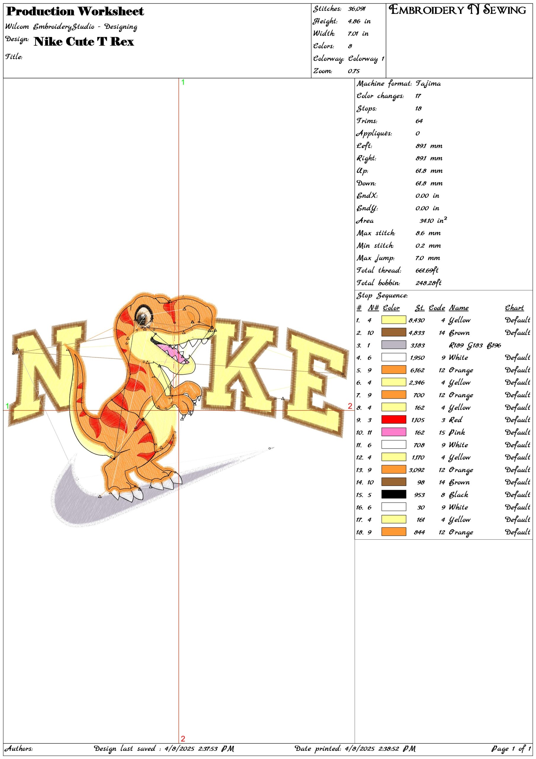Nike Cute T Rex- Elegant embroidery design file - instant download — view 3